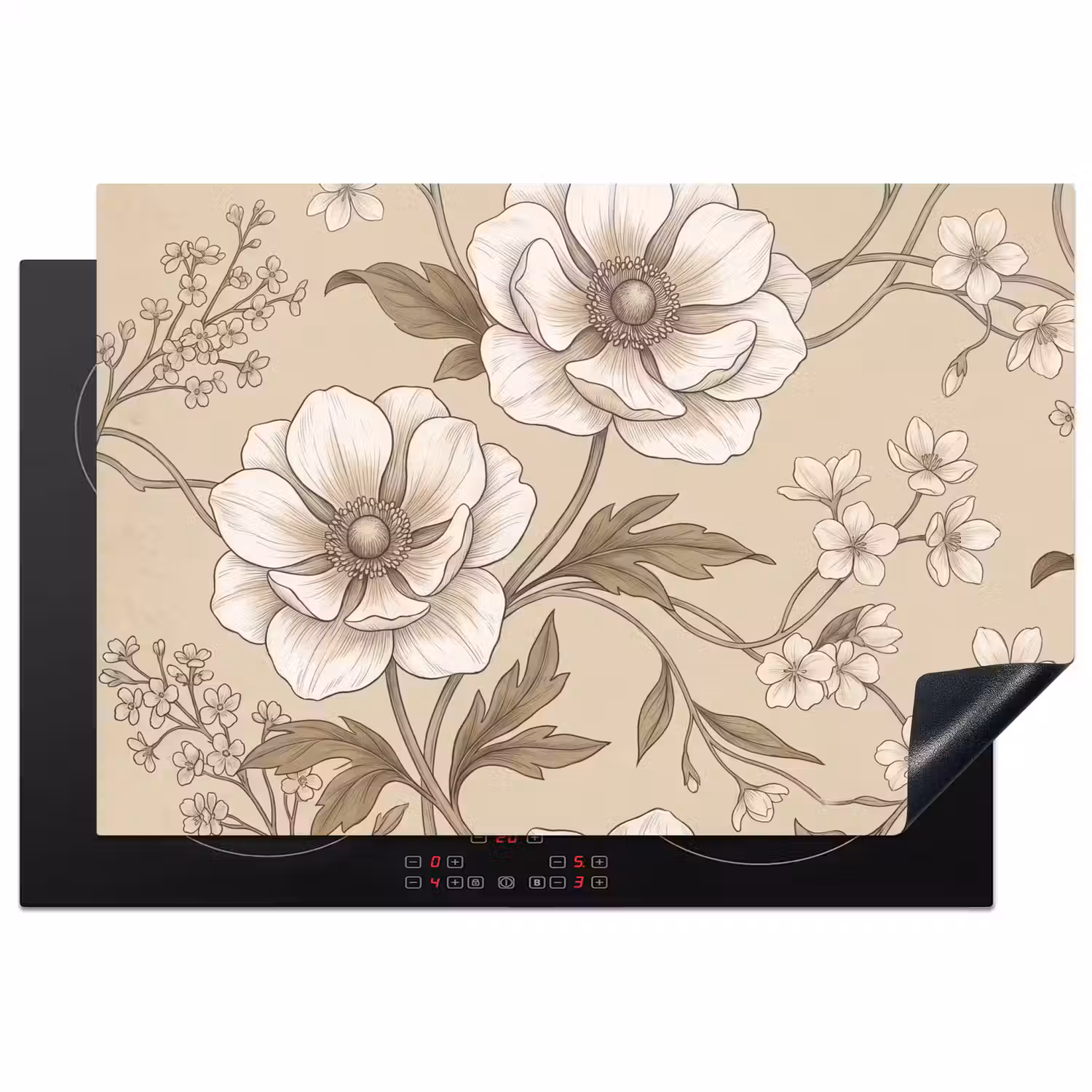Bloemen - Patroon - Beige Inductie beschermer vinyl 3mm klein -3d