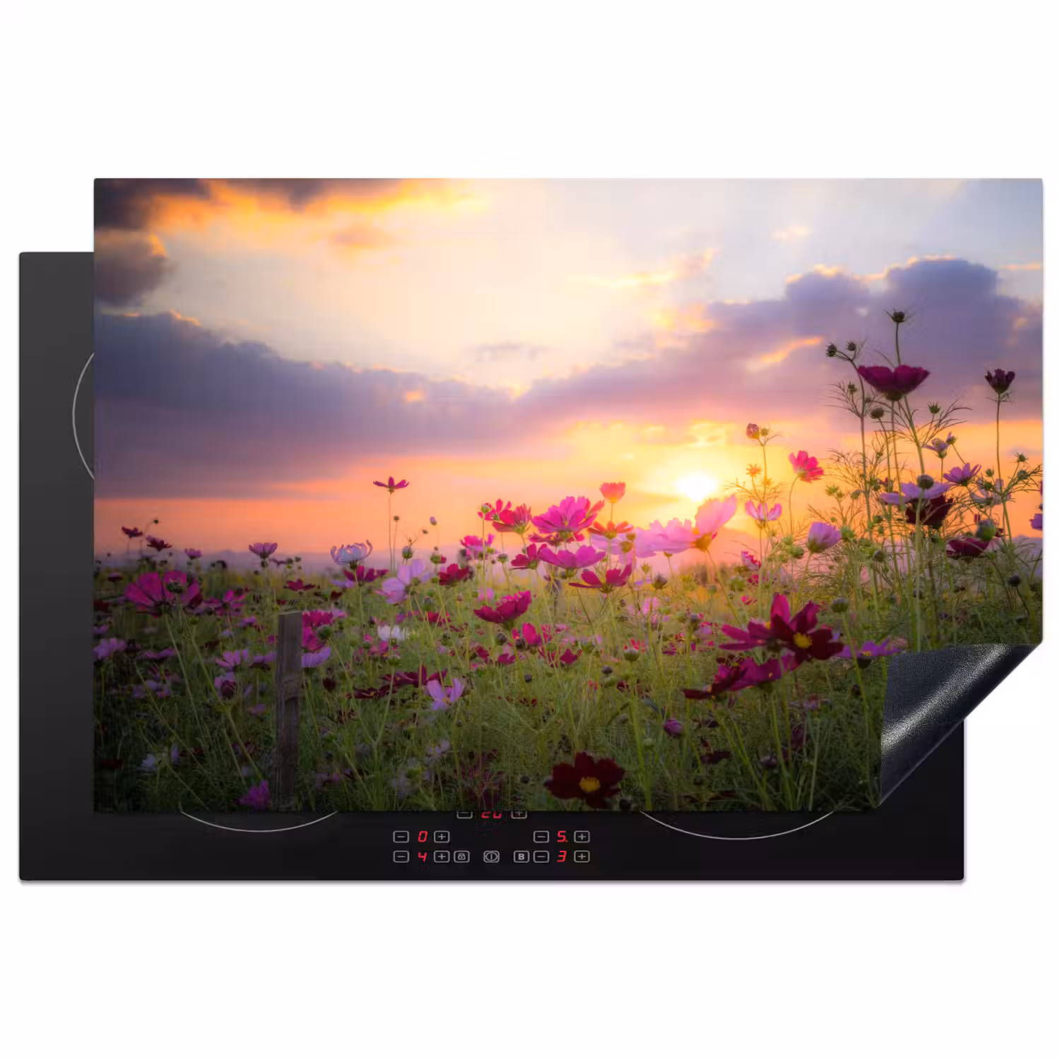 Bloemen - Roze - Zonsondergang - Natuur - Weide - Horizon Inductie beschermer vinyl 3mm klein -3d