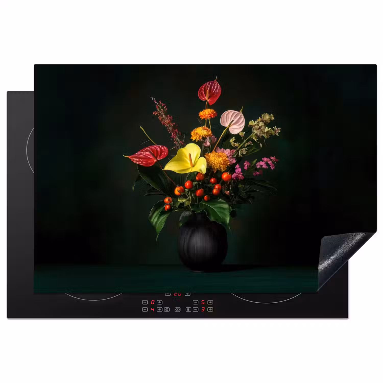 Bloemen - Vaas - Zwart Inductie beschermer vinyl 3mm klein -3d