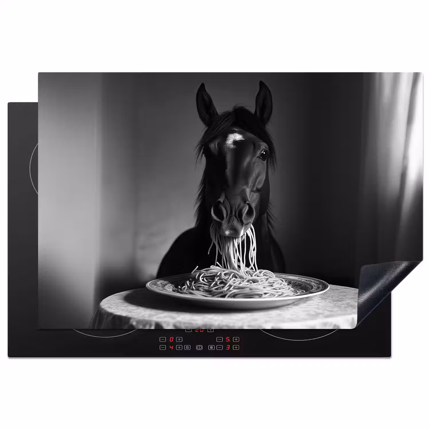 Paard - Bord - Pasta - Tafelkleed - Zwart Wit - Dieren Inductie beschermer vinyl 3mm klein -3d