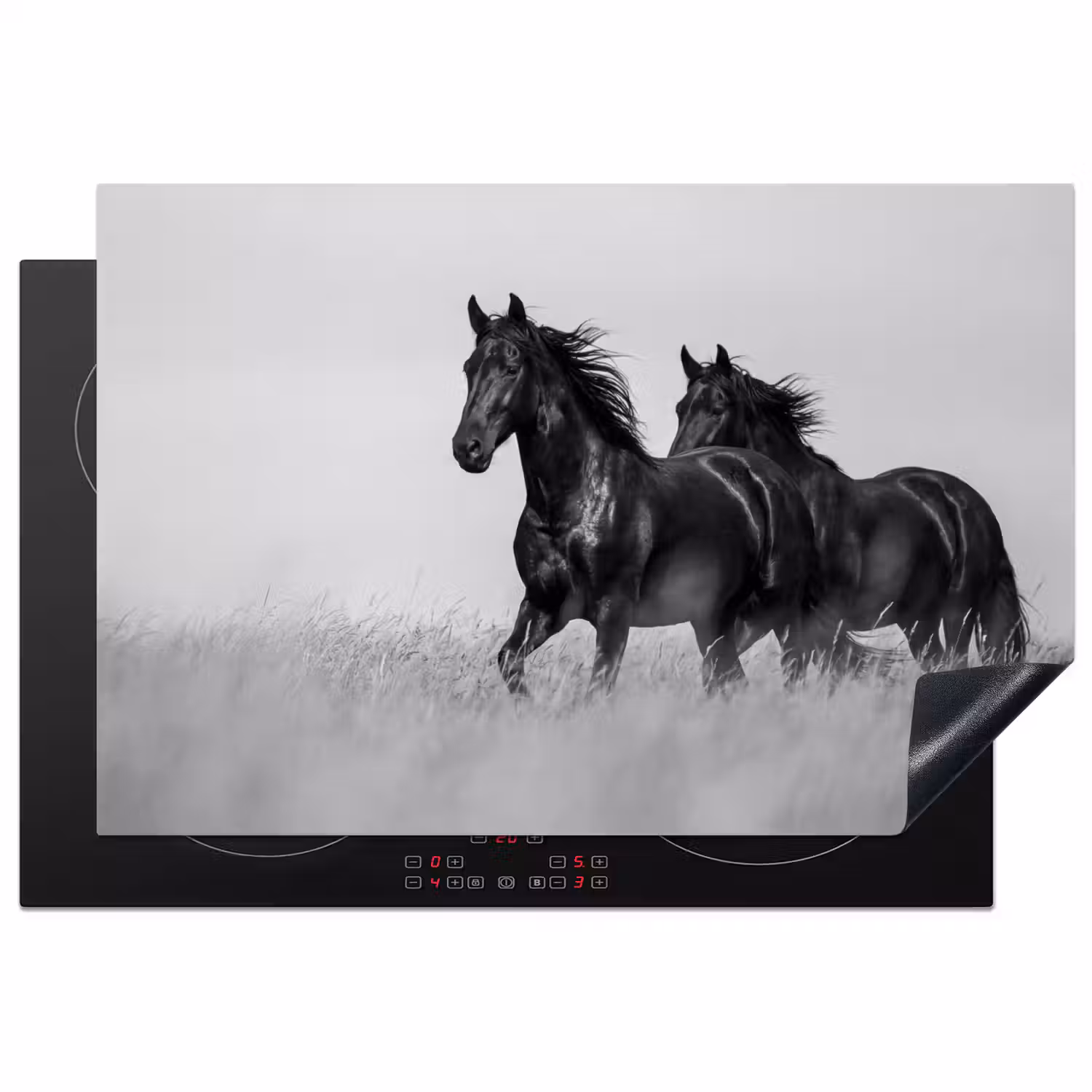 Paarden - Gras - Zwart - Wit Inductie beschermer vinyl 3mm klein -3d