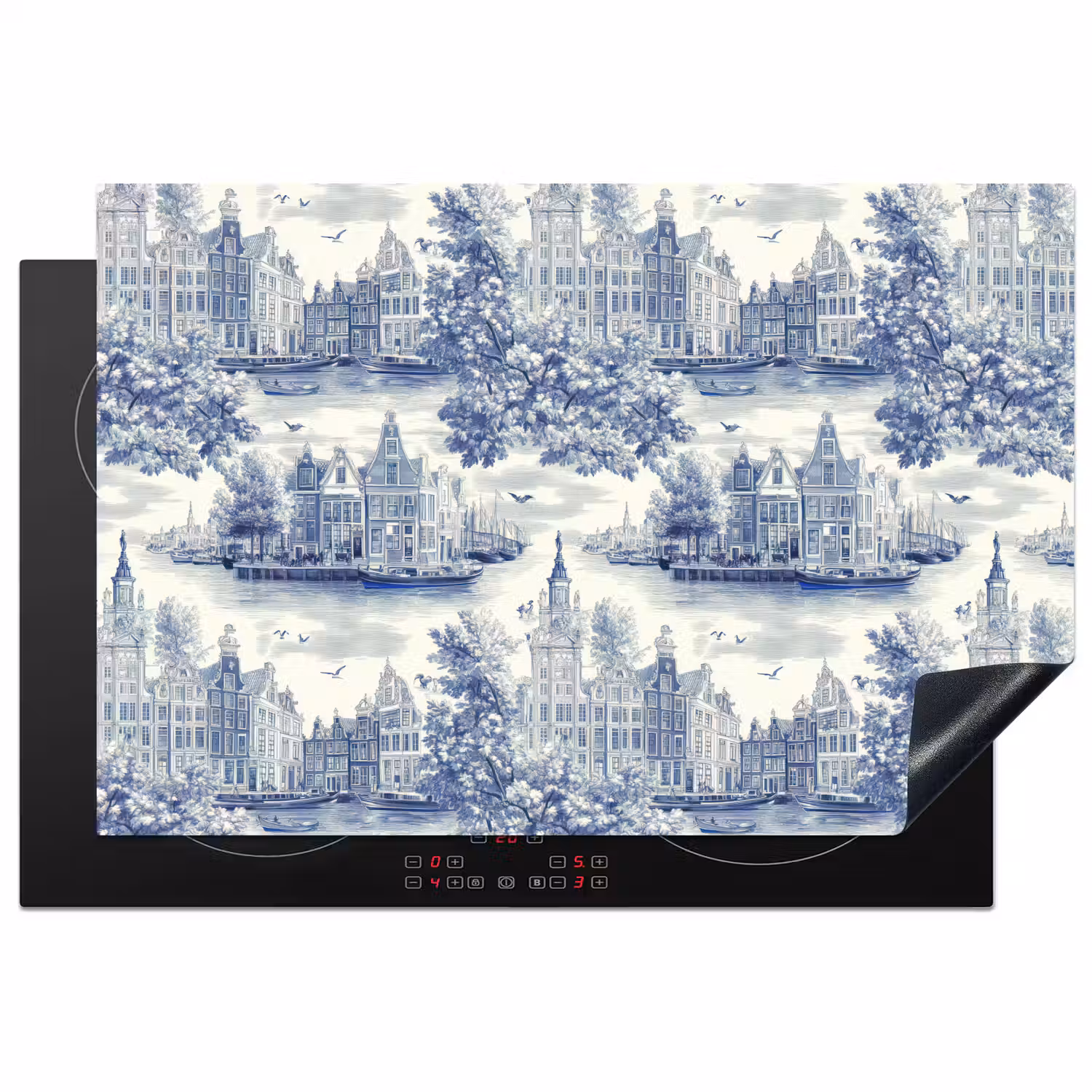 Huizen - Bomen - Water - Vogels - Blauw Inductie beschermer vinyl 3mm klein 276 -3d
