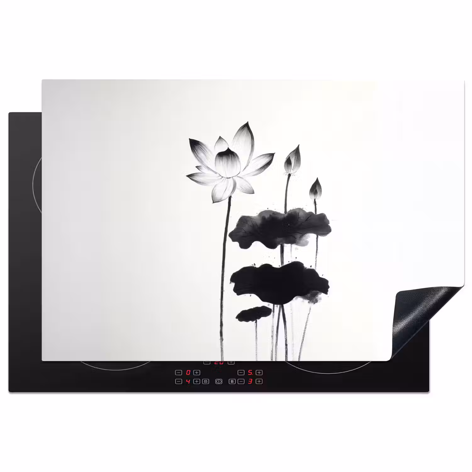 Bladeren - Zwart - Lotusbloem - Minimalitisch Inductie beschermer vinyl 3mm klein -3d