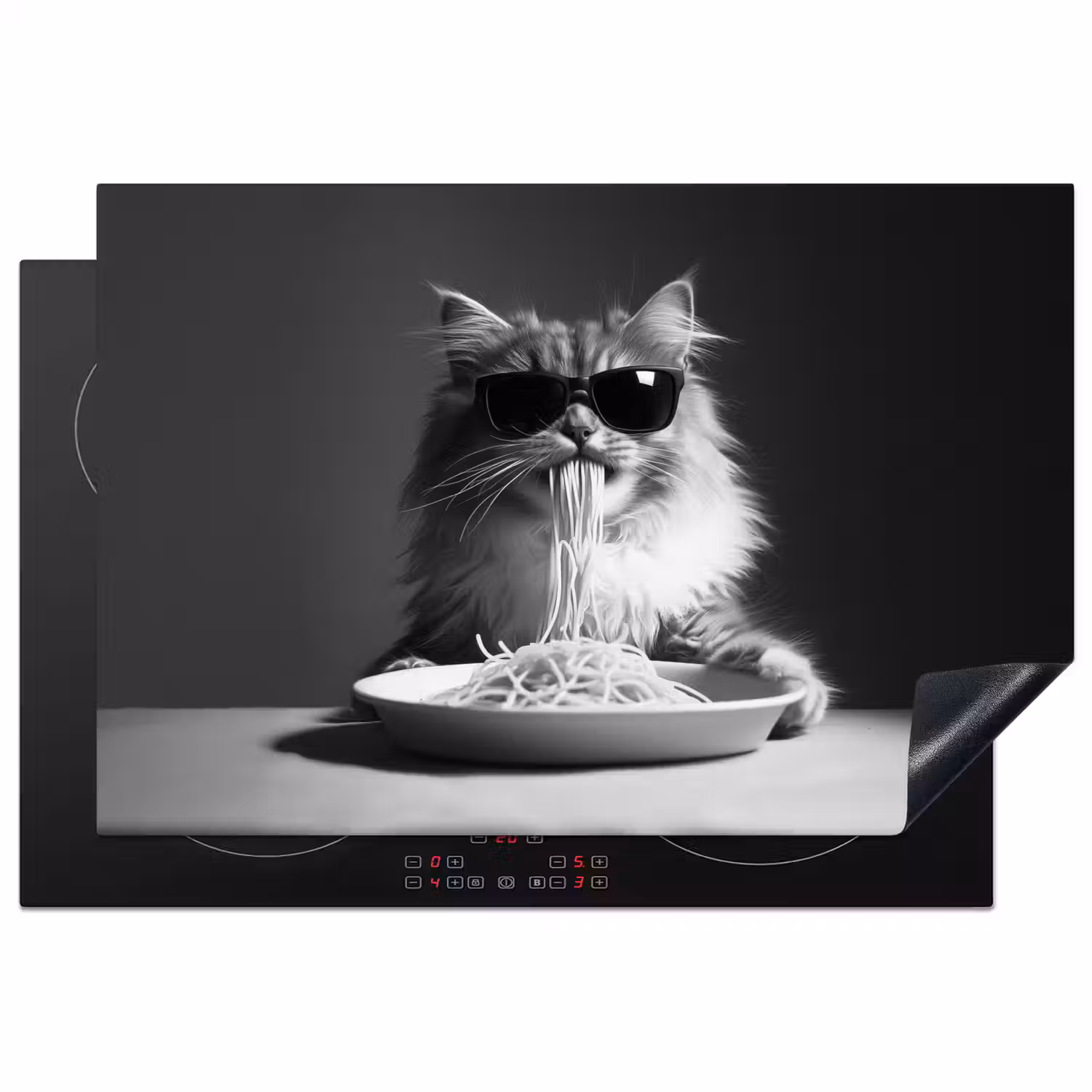 Langharige kat - Zonnebril - Spaghetti - Humor - Zwart - wit Inductie beschermer vinyl 3mm klein -3d