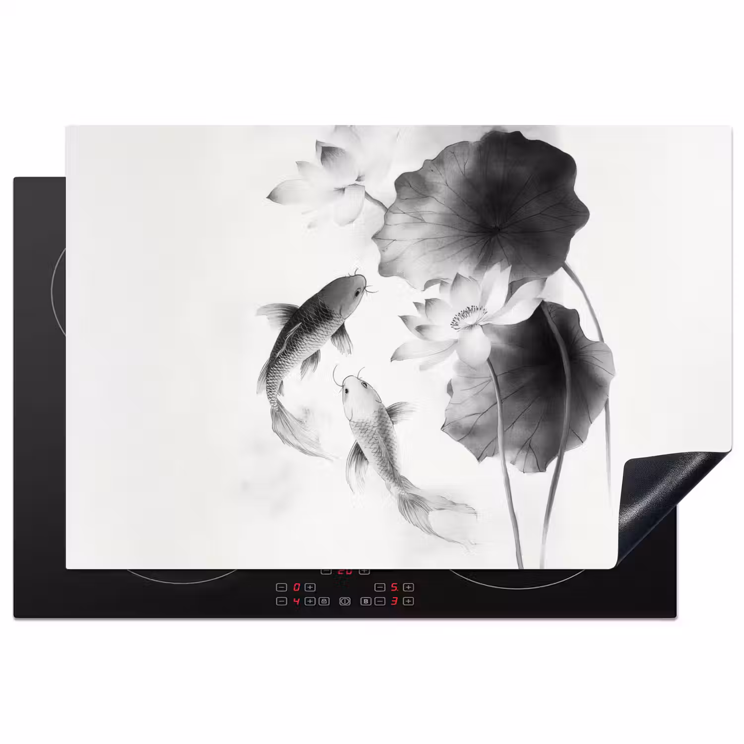 Lotusbloemen - Vissen - Bladeren - Zwart Inductie beschermer vinyl 3mm klein -3d