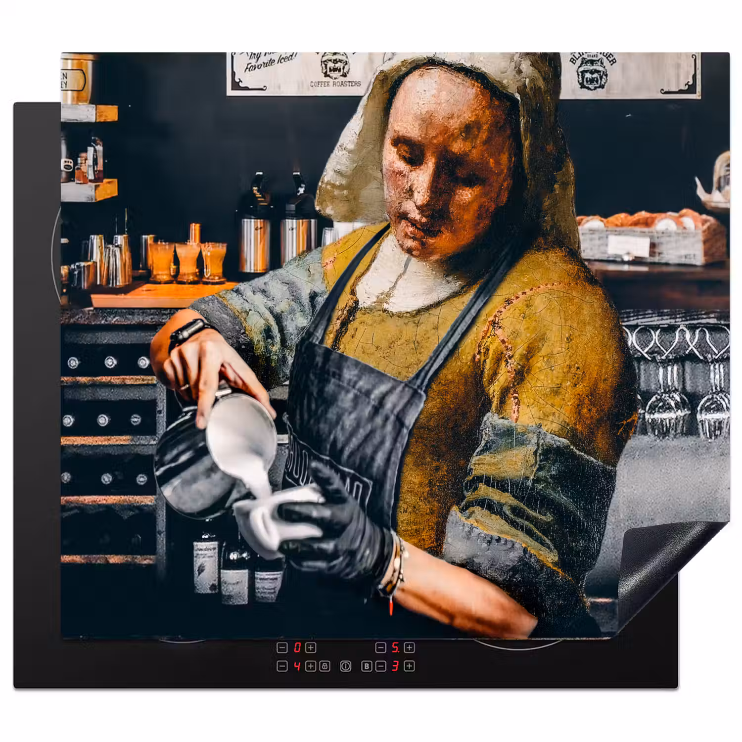 Melkmeisje - Barista - Koffie - Vintage - Kunst - Abstract - Schilderij - Oude meesters Inductie beschermer vinyl 3mm middel -3d