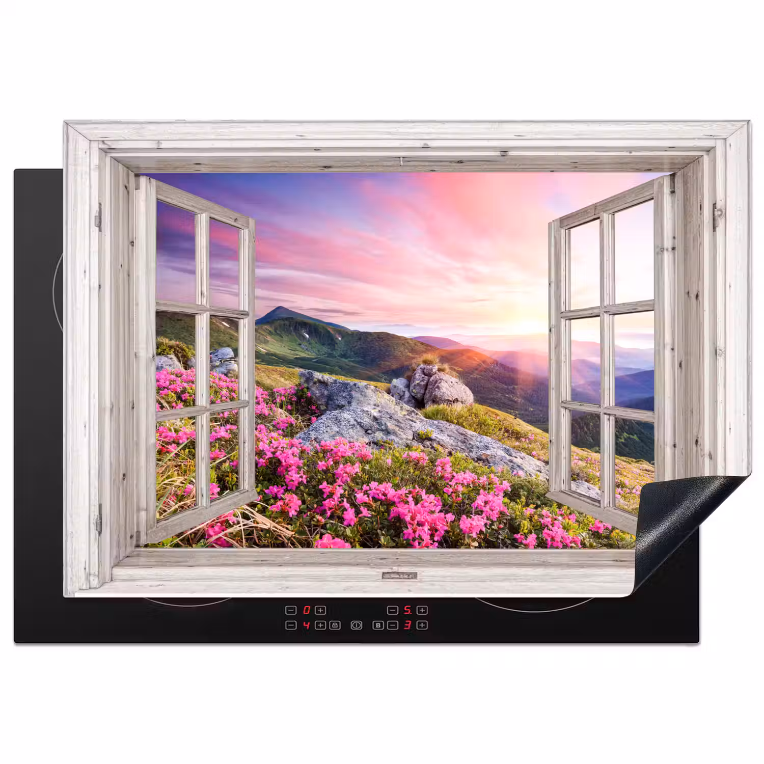 Bergen - Landschap - Doorkijk - Bloemen - Avond - Roze Inductie beschermer vinyl 3mm middel -3d