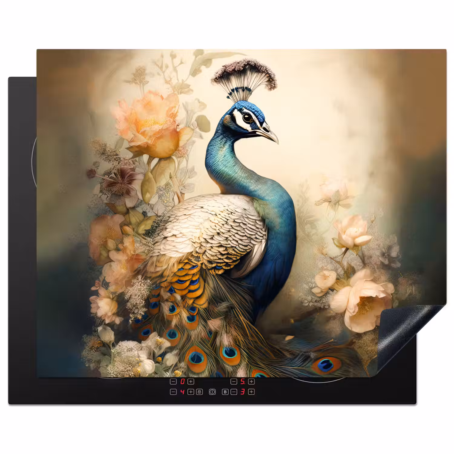 Pauw - Pauwenveren - Bloemen - Vogels - Botanisch Inductie beschermer vinyl 3mm groot -3d