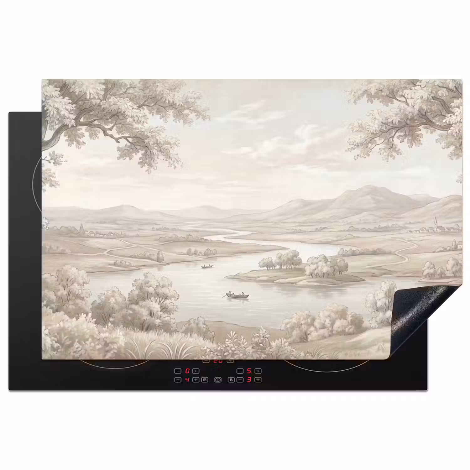 Rivierlandschap - Bergen - Natuur - Vintage - Beige Inductie beschermer vinyl 3mm klein -3d