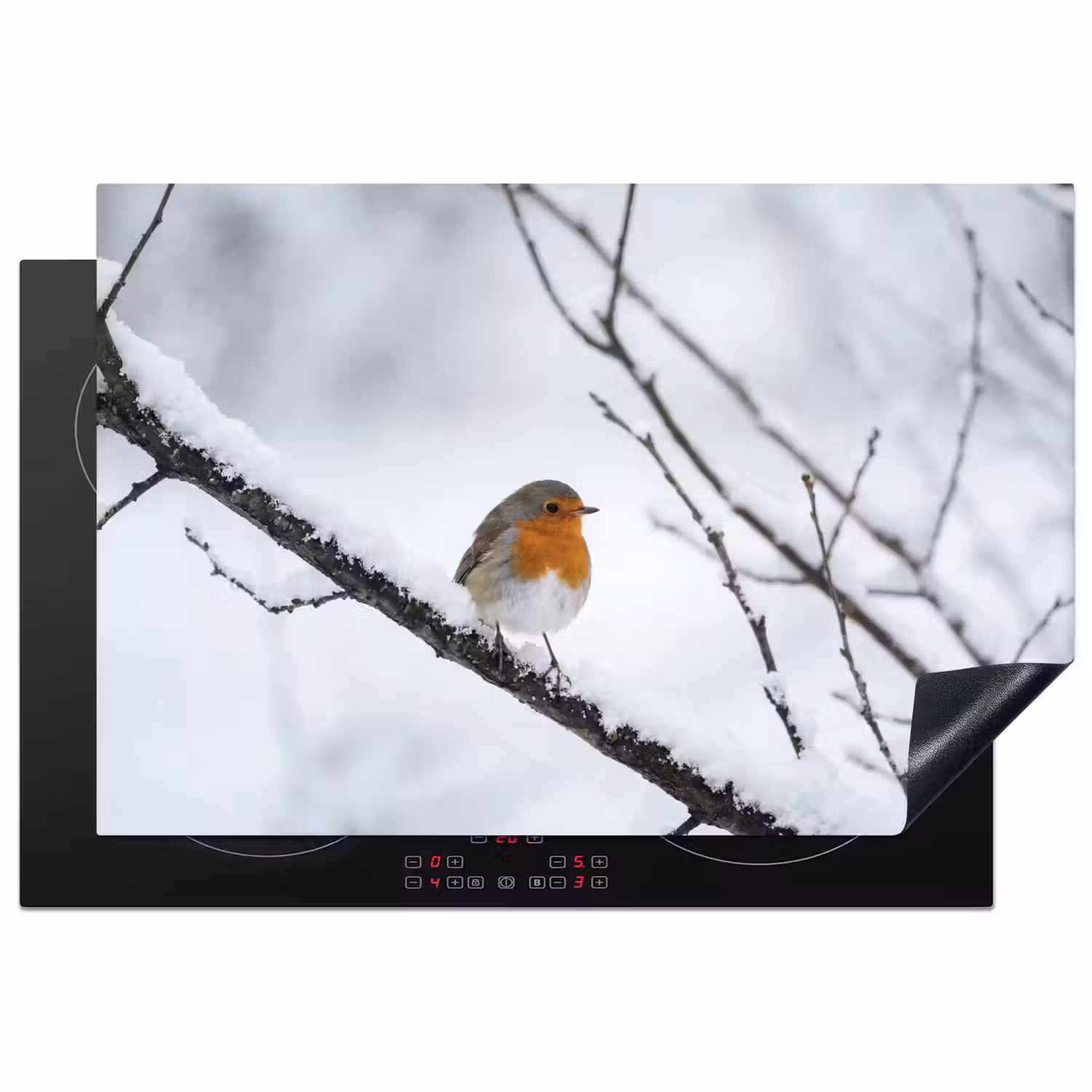 Roodborstje - Tak - Sneeuw - Winter - Levendig Inductie beschermer vinyl 3mm klein -3d