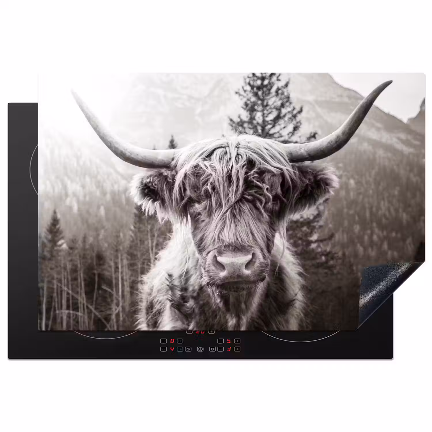 Schotse hooglander - Koe - Dieren - Zwart - Wit Inductie beschermer vinyl 3mm klein -3d