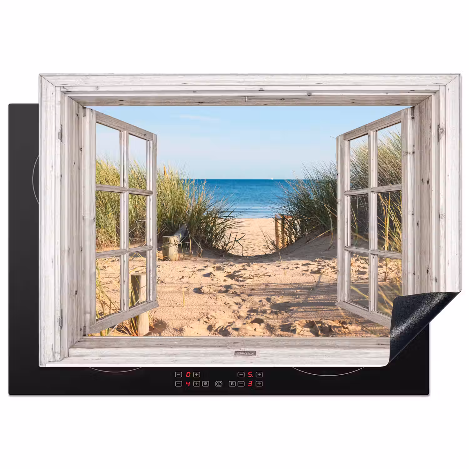 Doorkijk - Strand - Zee - Duinen - Zand - Water - Helmgras Inductie beschermer vinyl 3mm middel -3d