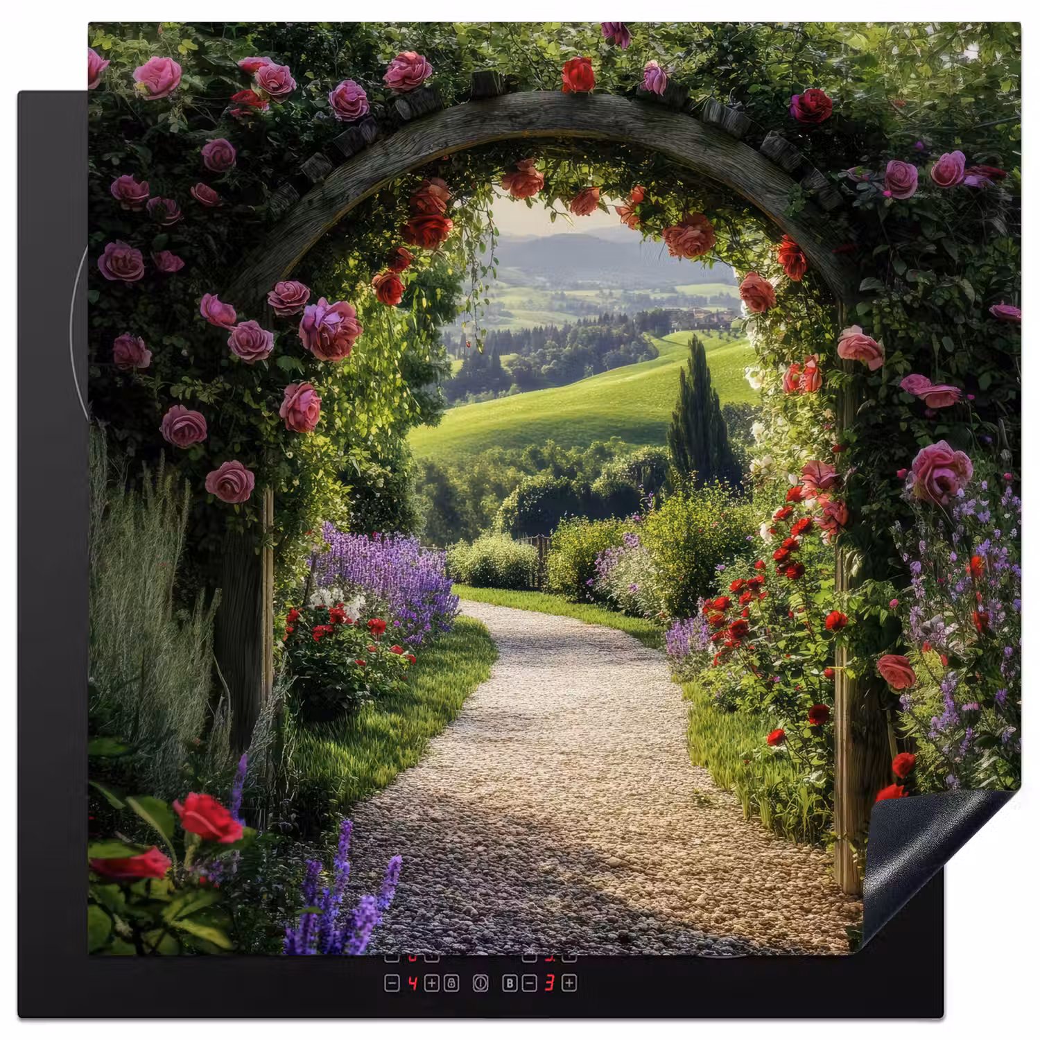 Doorkijk - Tuinboog - Bloemen - Natuur - Pad Inductie beschermer vinyl 3mm middel -3d