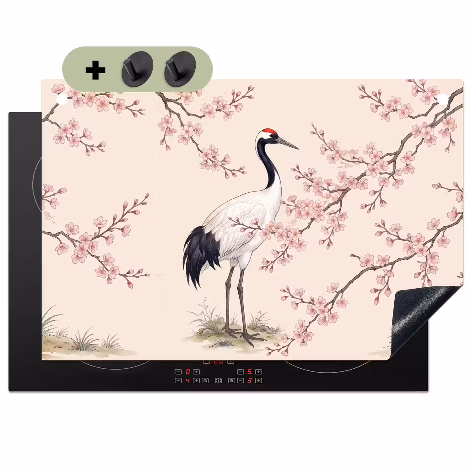 Aziatisch - Kraanvogel - Beige Inductie beschemer met haakjes klein -3d
