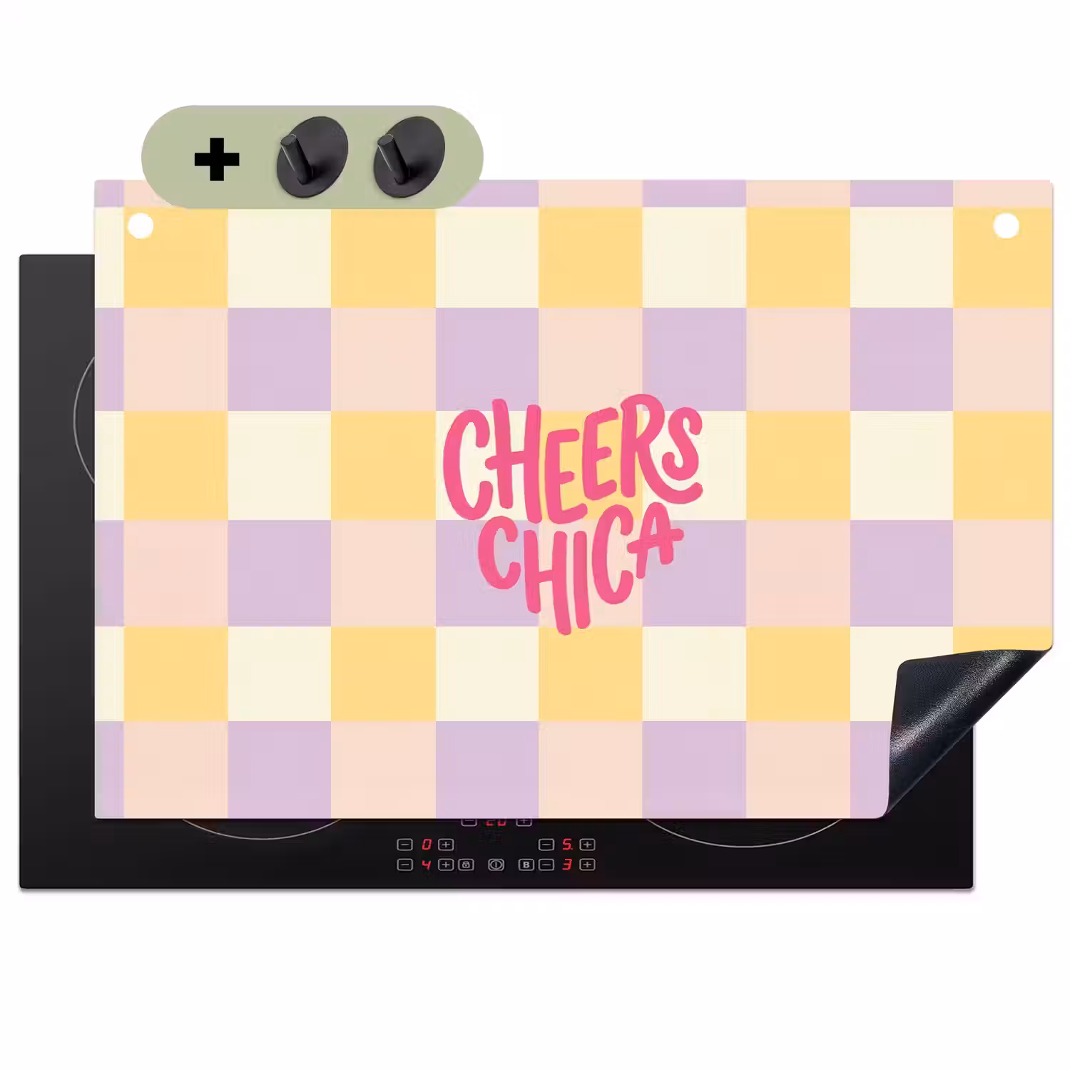 Cheers Chica - Ruitjes - Lila - Geel Inductie beschemer met haakjes klein -3d