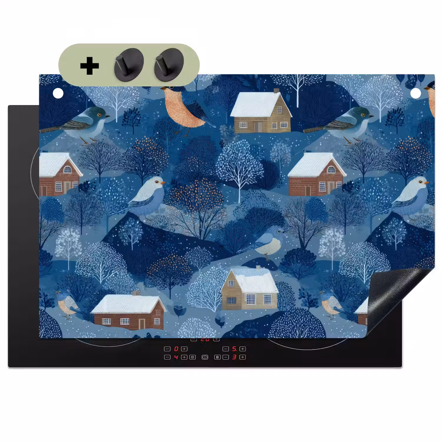 Huisjes - Vogels - Sneeuw - Winter - Blauw Inductie beschemer met haakjes klein 777 -3d