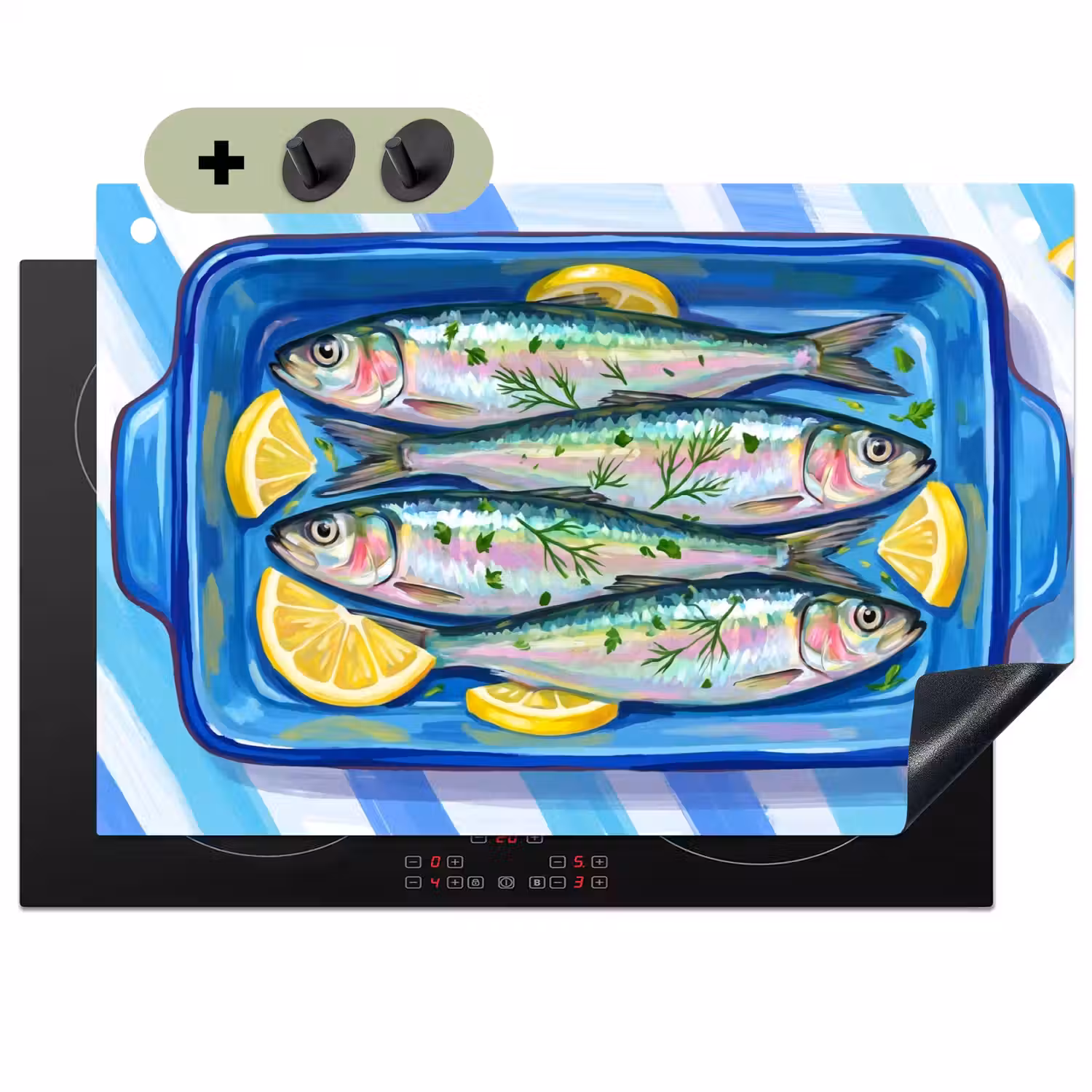 Vis - Citroen - Kruiden - Eten - Blauw Inductie beschemer met haakjes klein -3d