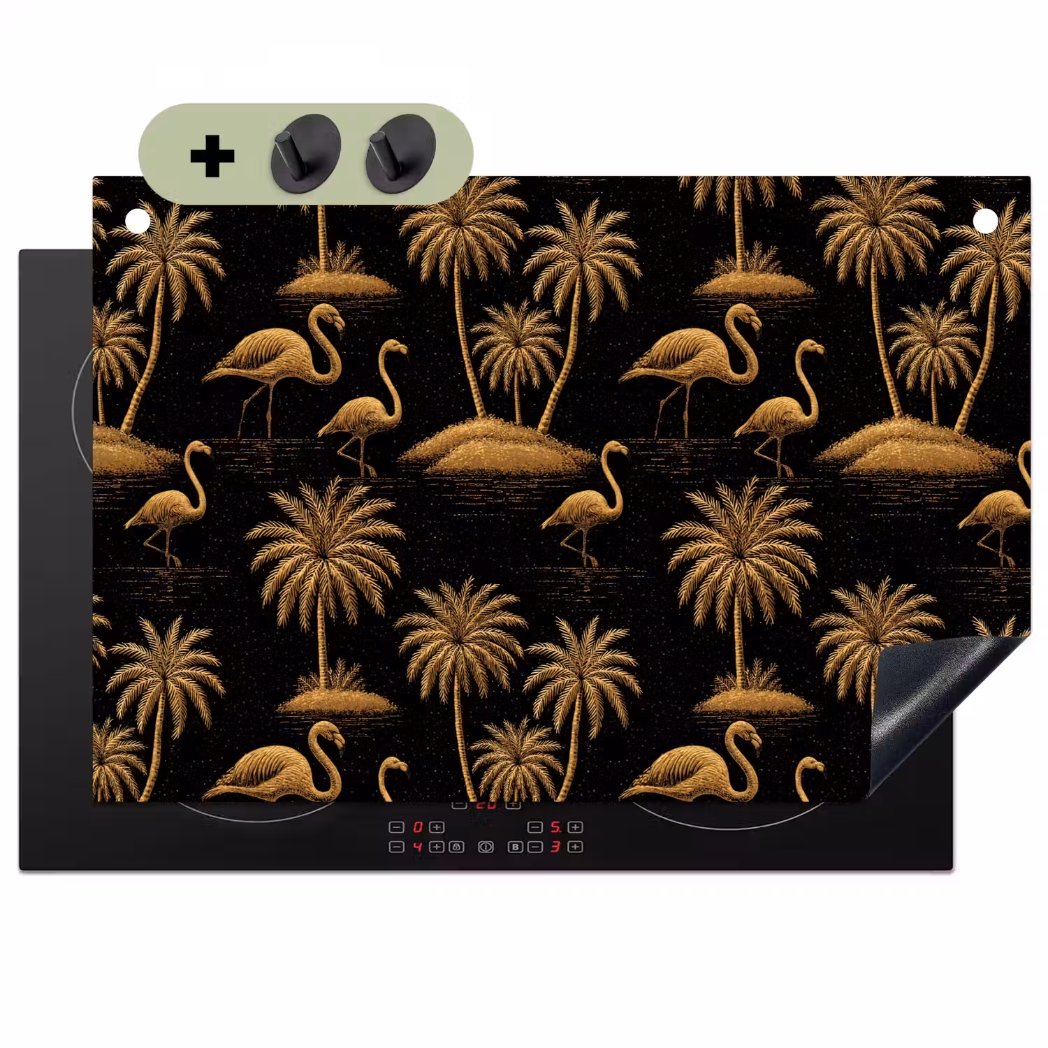 Flamingo - Palmbomen - Tropisch - Goud - Zwart Inductie beschemer met haakjes klein 777 -3d