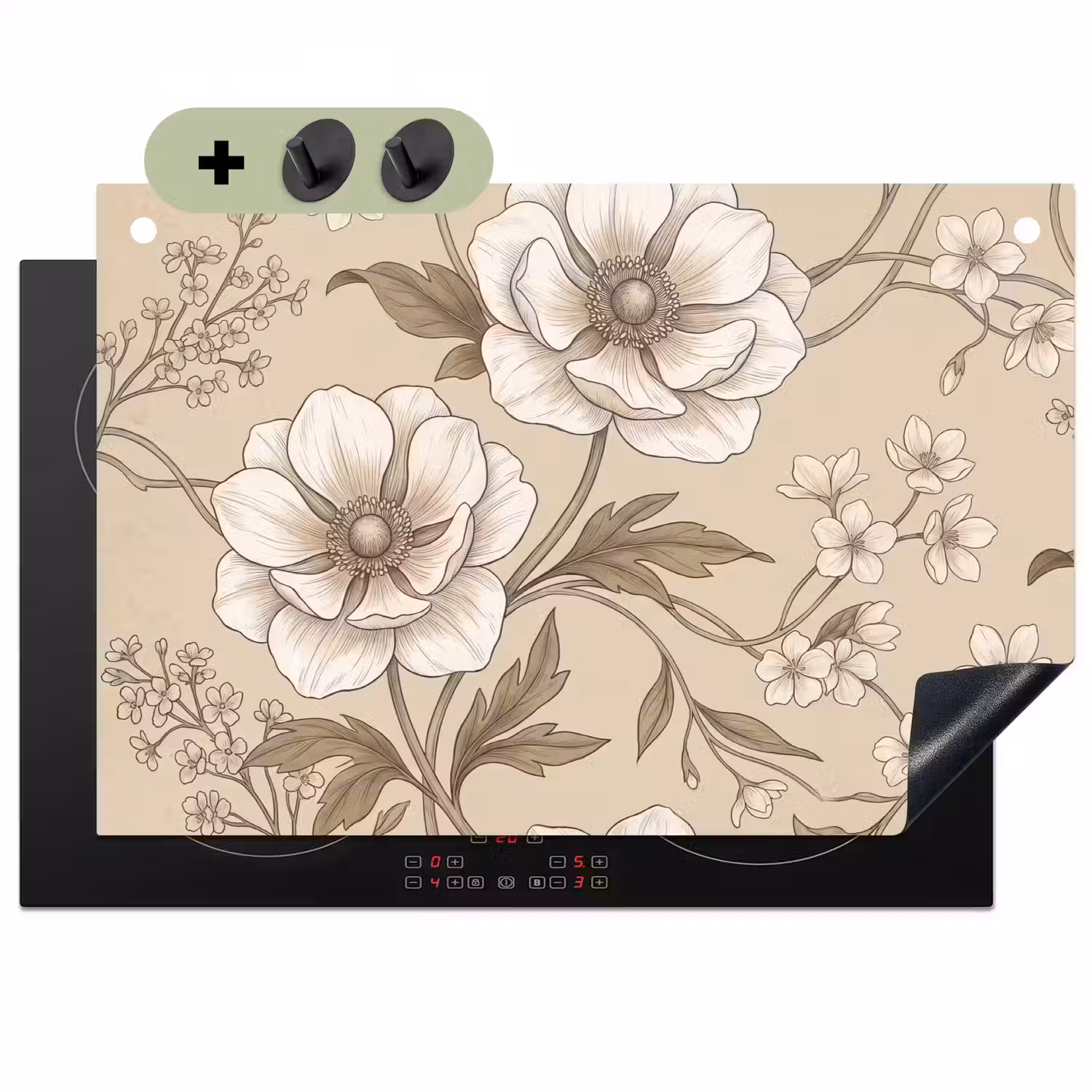 Bloemen - Patroon - Beige Inductie beschemer met haakjes klein -3d