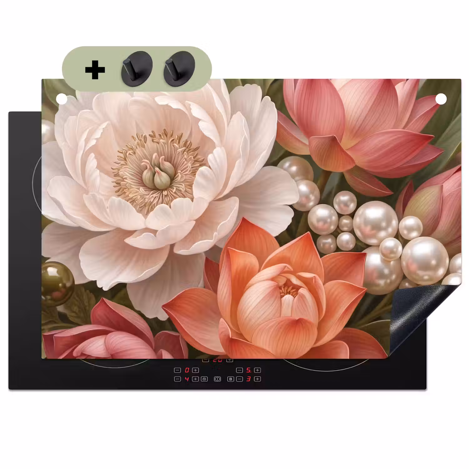 Bloemen - Parels - Elegant - Roze - Wit Inductie beschemer met haakjes klein -3d