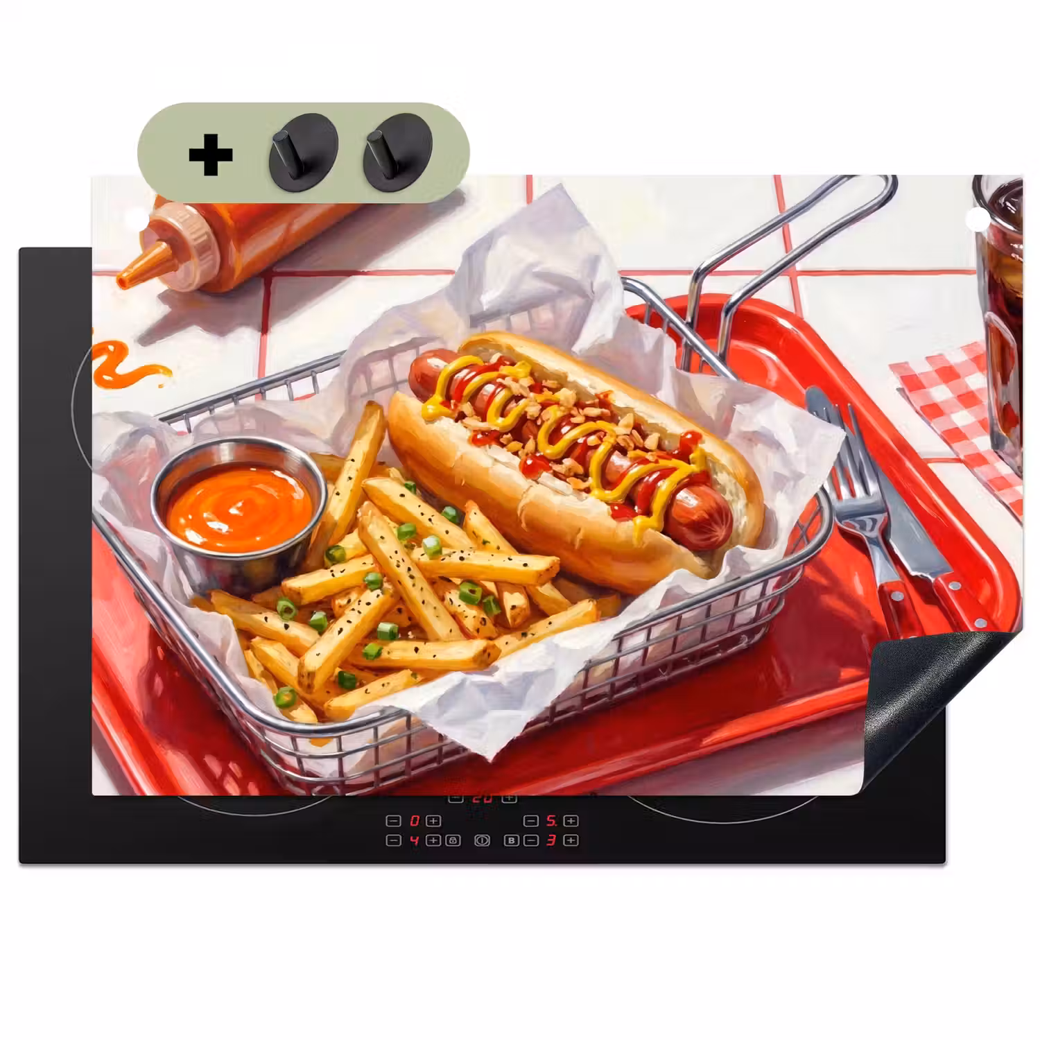 Eten - Hotdog - Fastfood - Modern - Rood Inductie beschemer met haakjes klein -3d