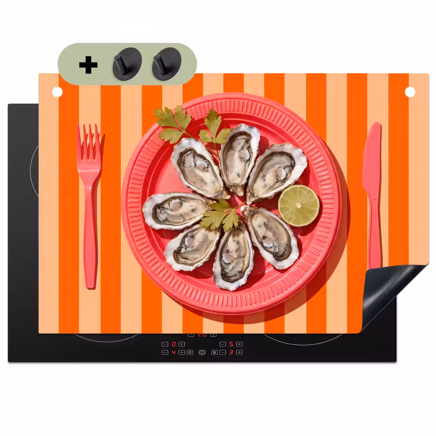 Eten - Oester - Zeevruchten - Oranje - Modern Inductie beschemer met haakjes klein -3d