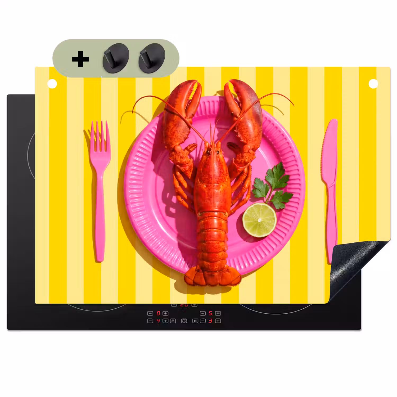Eten - Roze - Geel - Modern - Culinaire Inductie beschemer met haakjes klein -3d