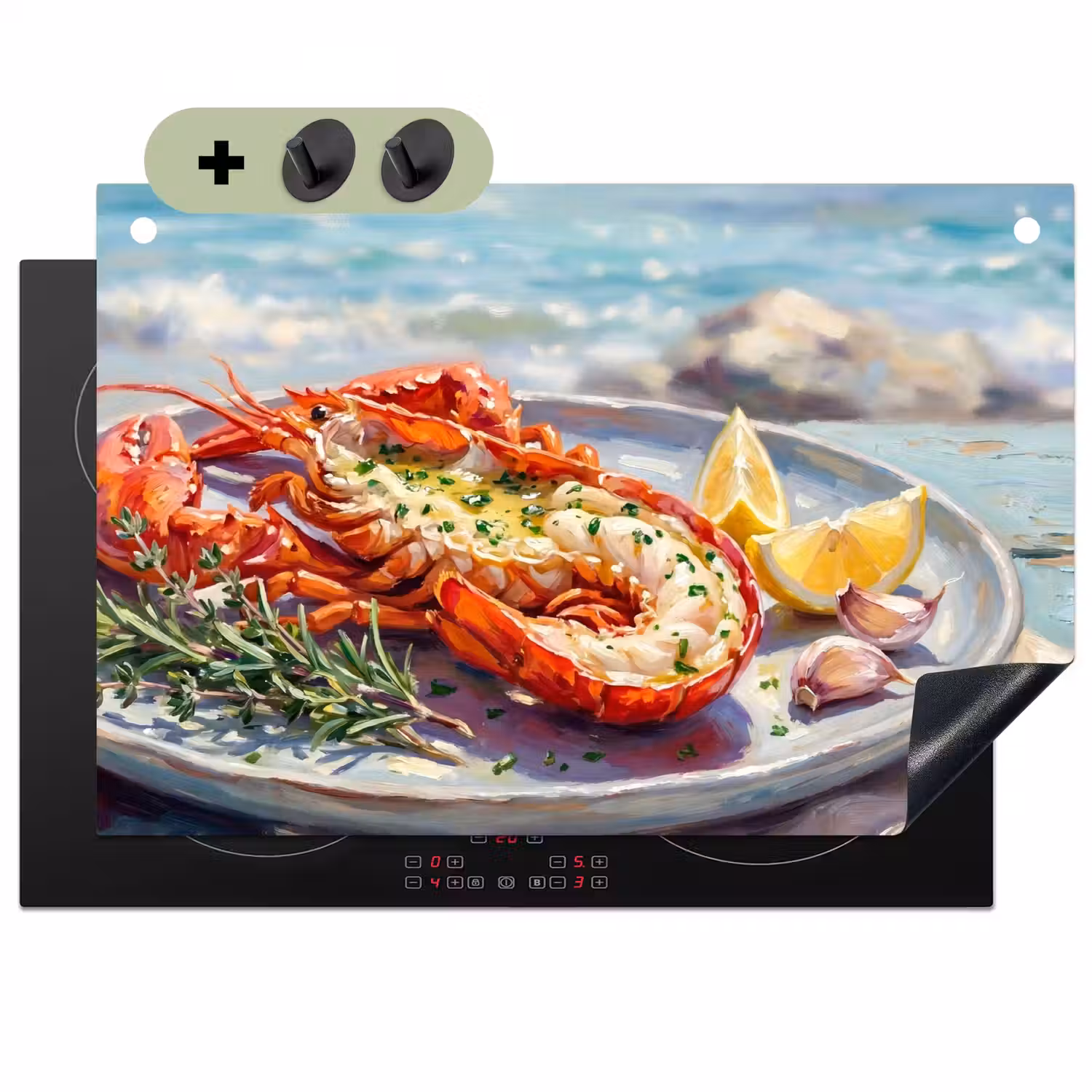 Eten - Zee - Kust - Modern - Blauw Inductie beschemer met haakjes klein -3d
