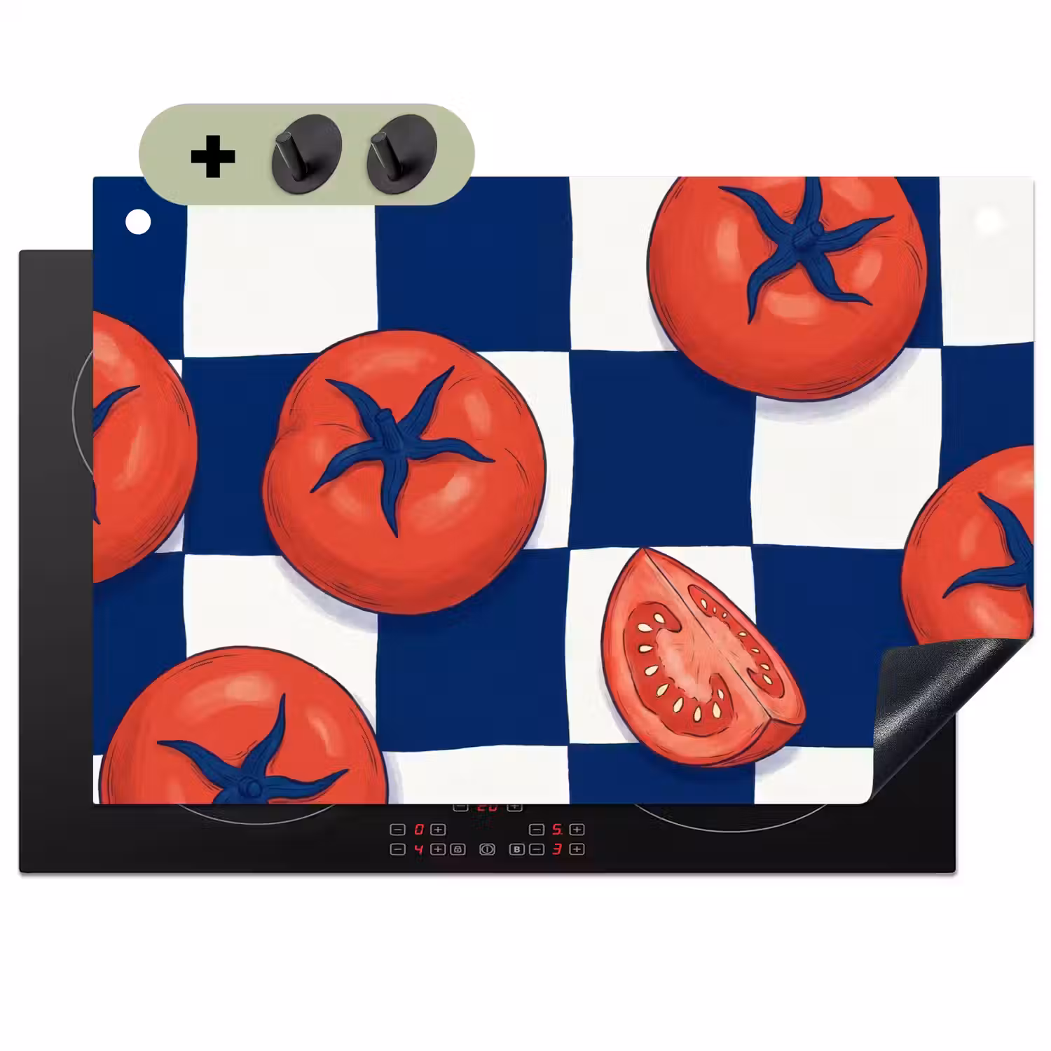 Eten - Tomaten - Keuken - Illustratie - Rood-Blauw Inductie beschemer met haakjes klein -3d