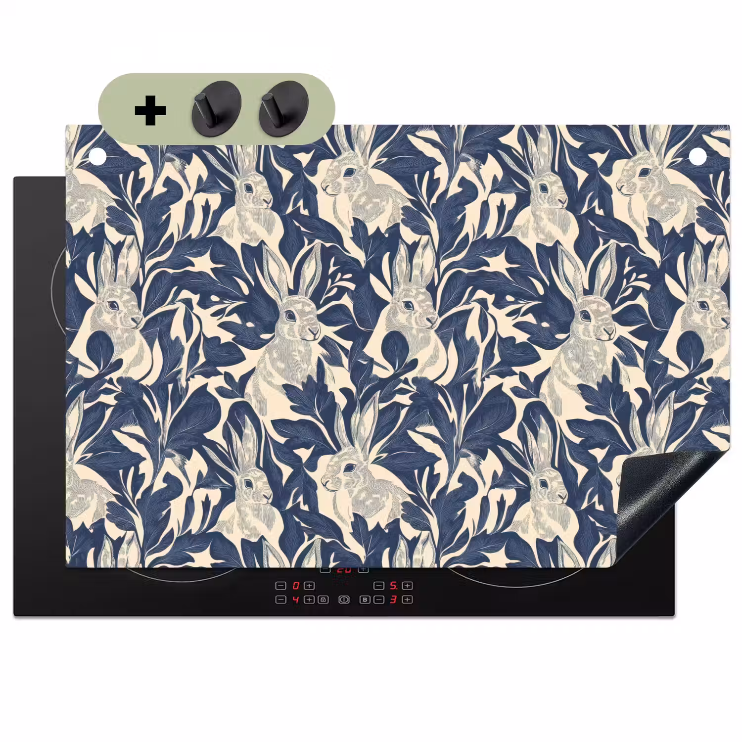 Hazen - Bladeren - Patroon - Blauw - Beige Inductie beschemer met haakjes klein 777 -3d