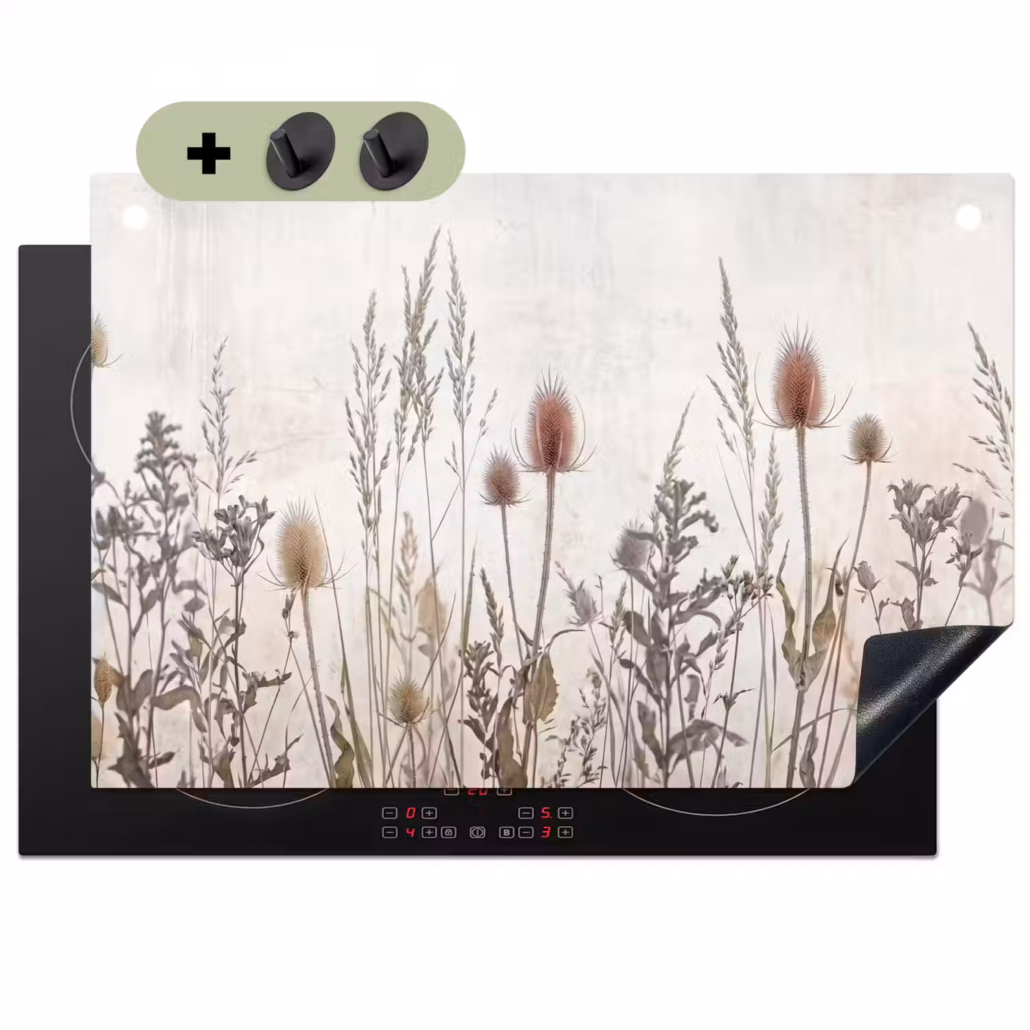 Weidebloemen - Design - Sepia Inductie beschemer met haakjes klein -3d