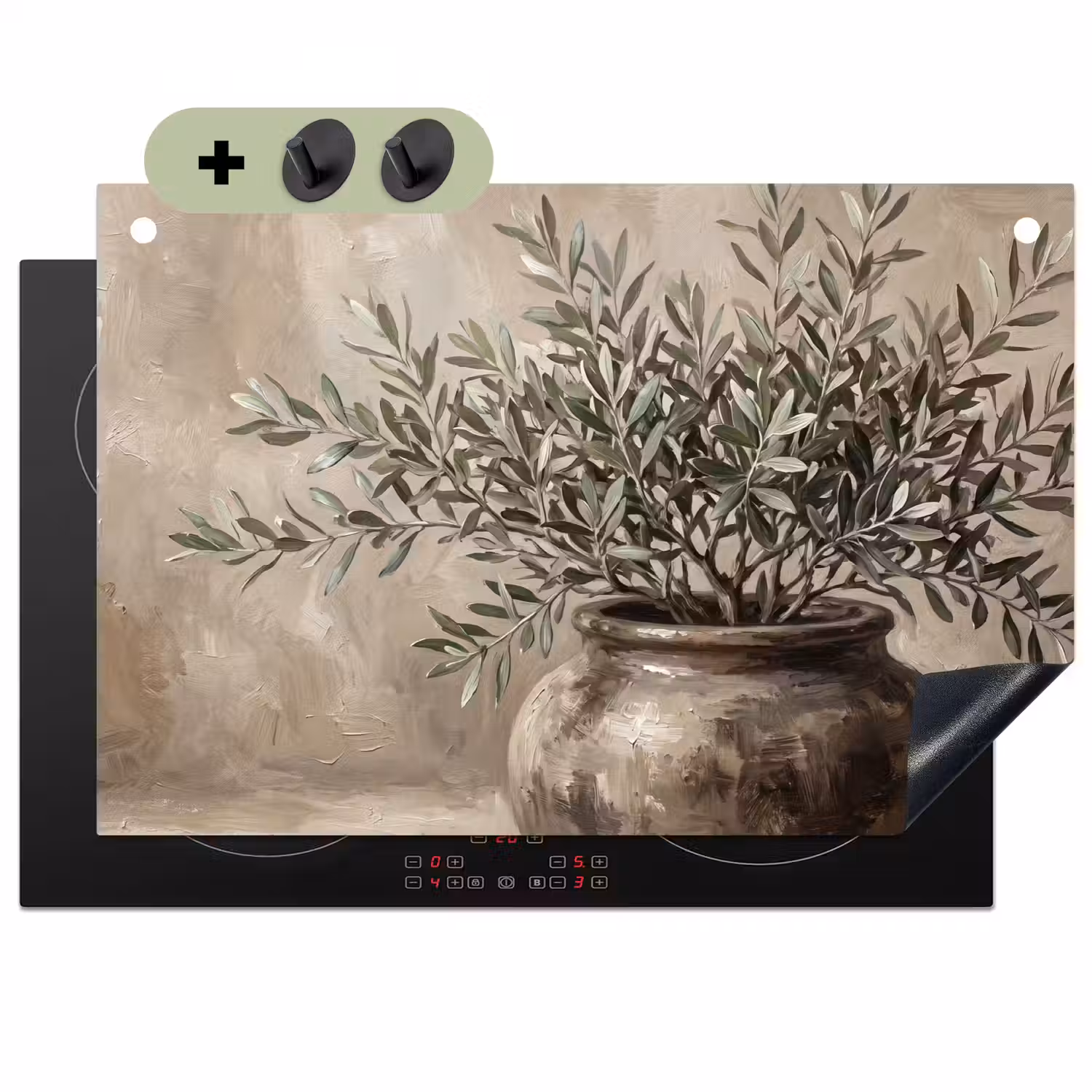 Olijfplant - Aardenpot - Abstract - Beige Inductie beschemer met haakjes klein -3d