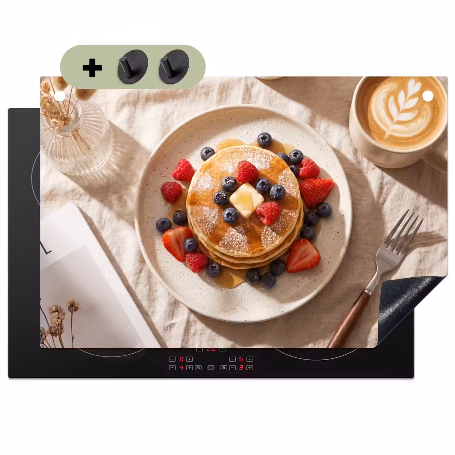 Pannenkoeken - Bessen - Ontbijt - Modern - Beige Inductie beschemer met haakjes klein -3d
