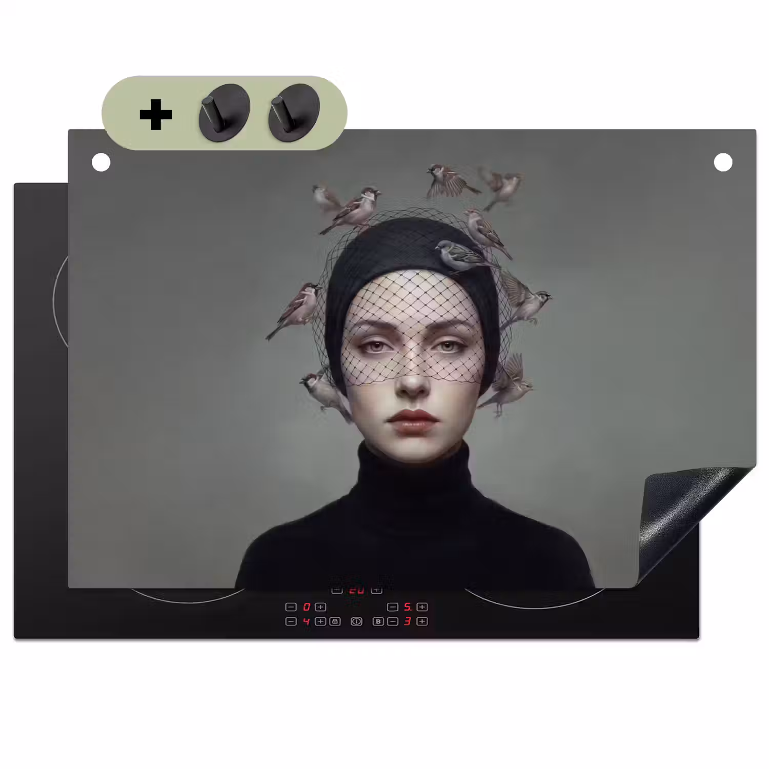 Portret - Vogels - Zwart Inductie beschemer met haakjes klein -3d