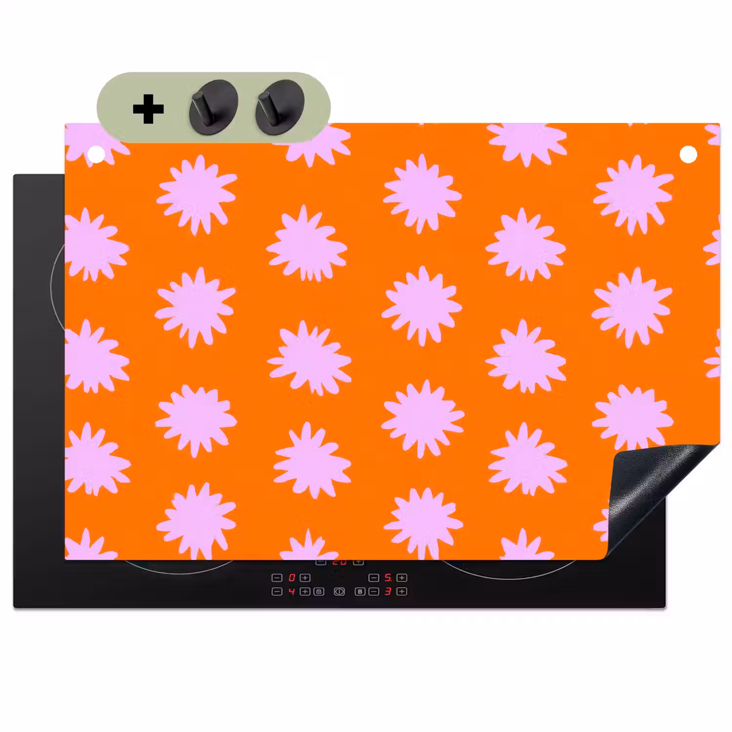 Retro - Bloemen - Oranje Inductie beschemer met haakjes klein 777 -3d