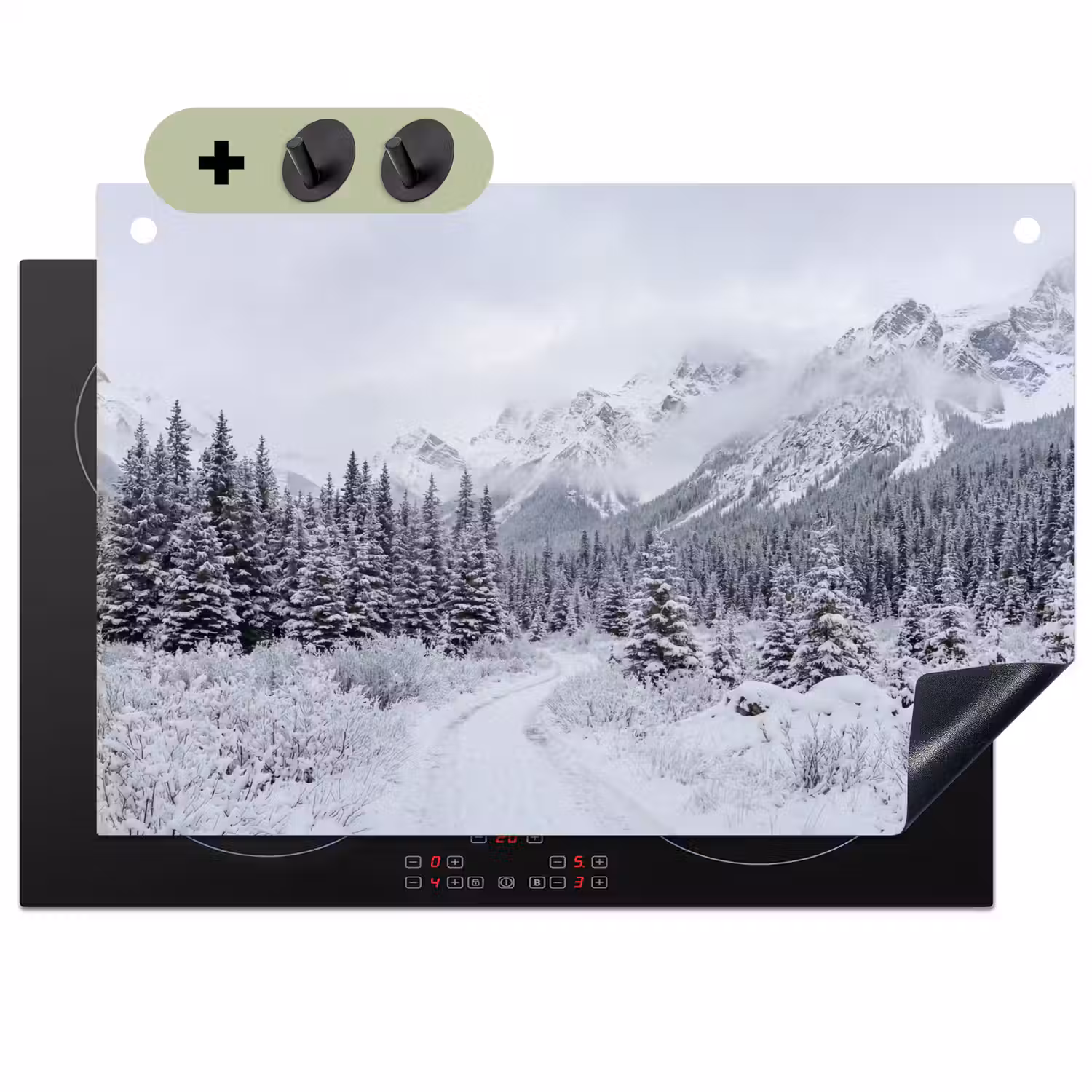 Weg - Bergen - Sneeuw - Naaldbos - Avontuurlijk Inductie beschemer met haakjes klein -3d