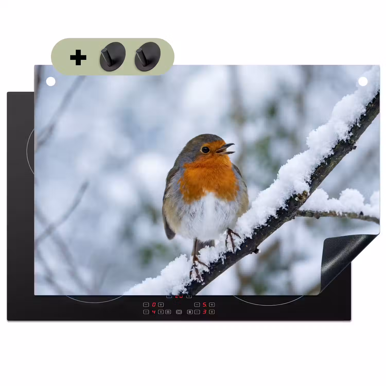 Roodborstje - Tak - Sneeuw - Winter - Levendig Inductie beschemer met haakjes klein -3d