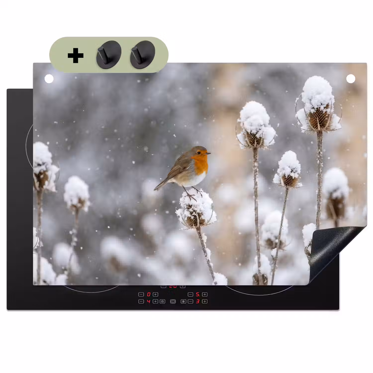 Roodborstje - Gedroogde bloem - Sneeuw - Winter - Vertederend Inductie beschemer met haakjes klein -3d