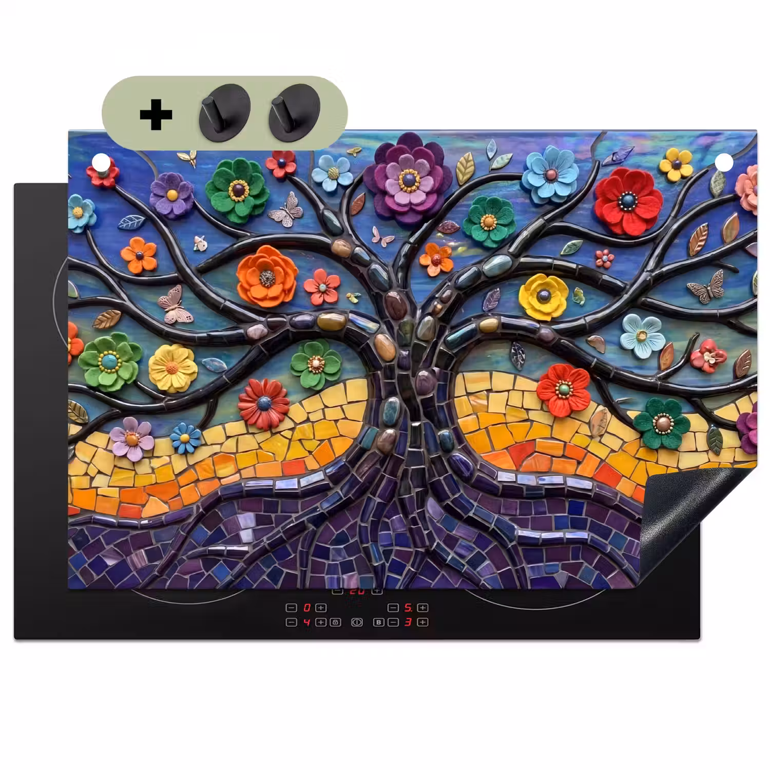 Levensboom - Mozaïek - Bloemen - Kleurrijk - Vrolijk Inductie beschemer met haakjes klein -3d