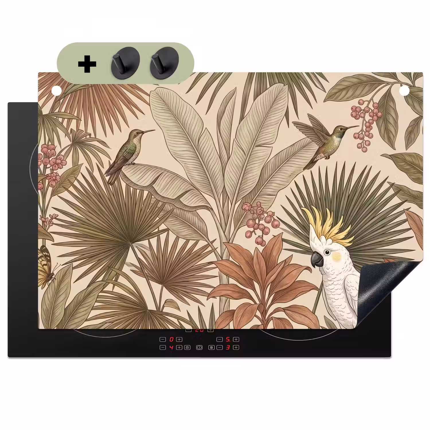 Tropisch - Vogels - Beige Inductie beschemer met haakjes klein -3d