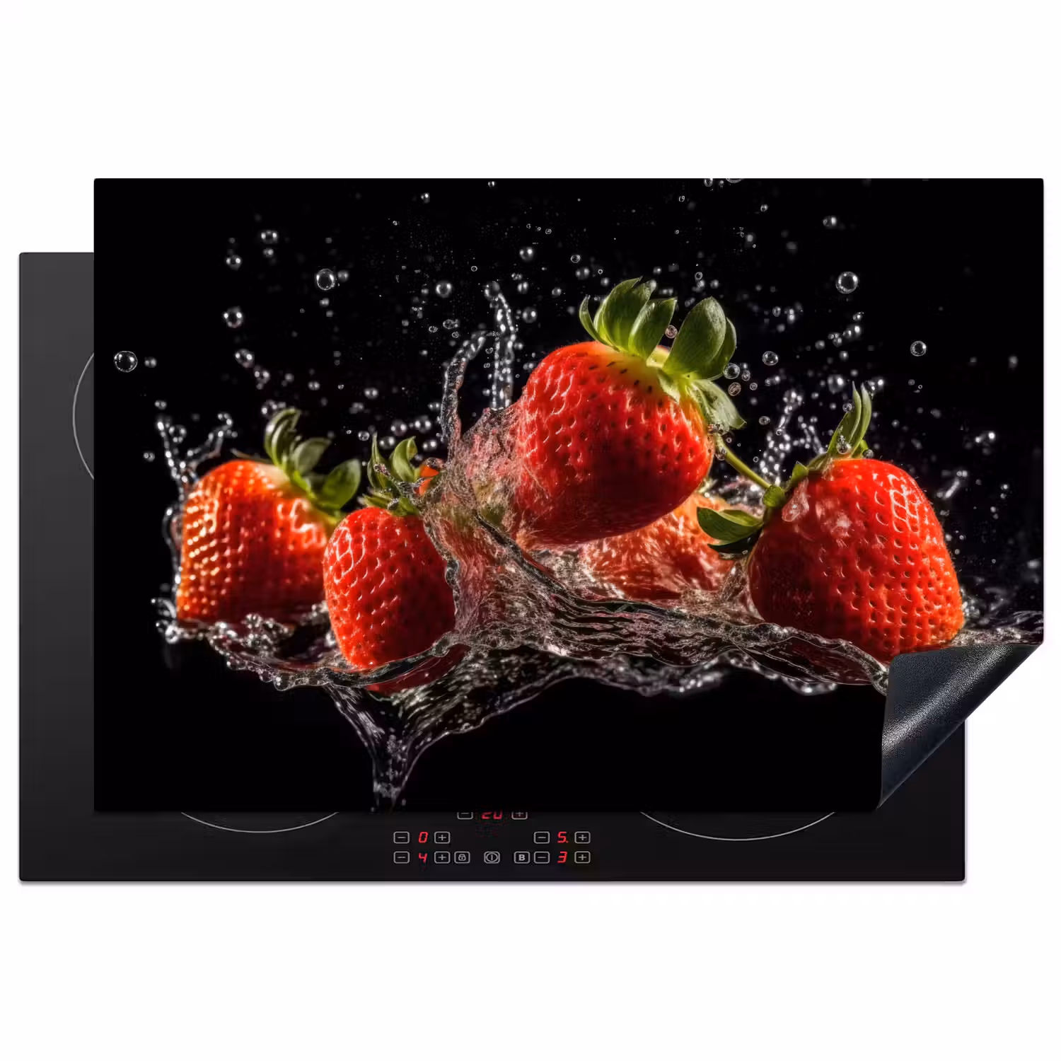 Aardbeien - Fruit - Rood - Water - Zwart Inductie beschermer vinyl 3mm klein -3d
