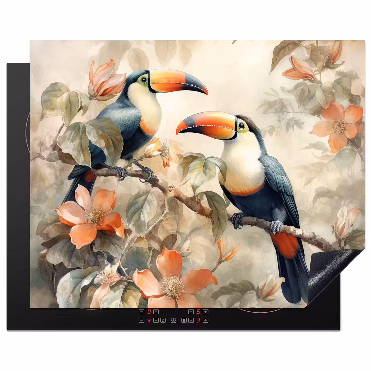 Toekan - Vogels - Bloemen - Tak Inductie beschermer vinyl 3mm groot -3d