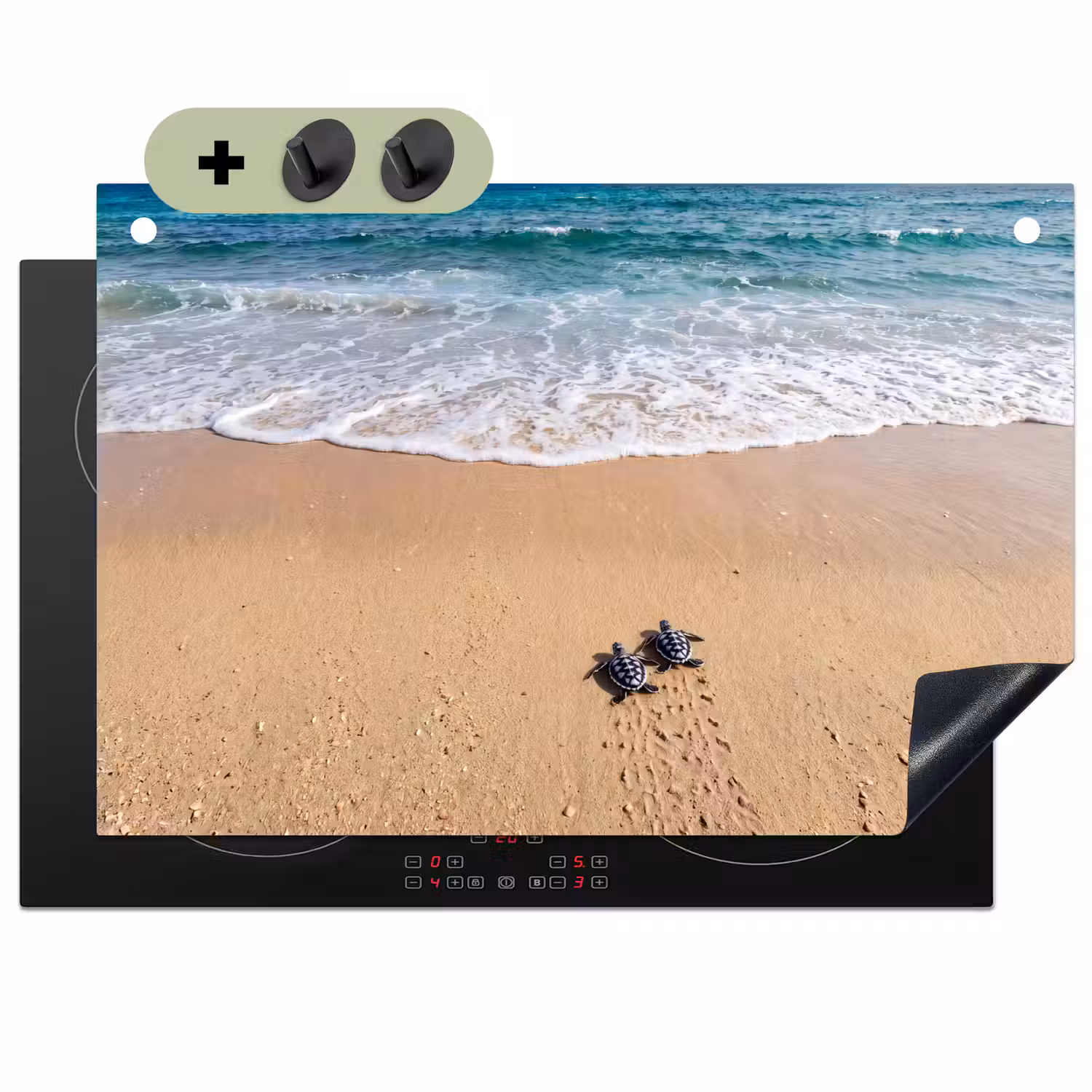 Schildpad - Jong - Strand - Oceaan - Blauw Inductie beschemer met haakjes klein -3d