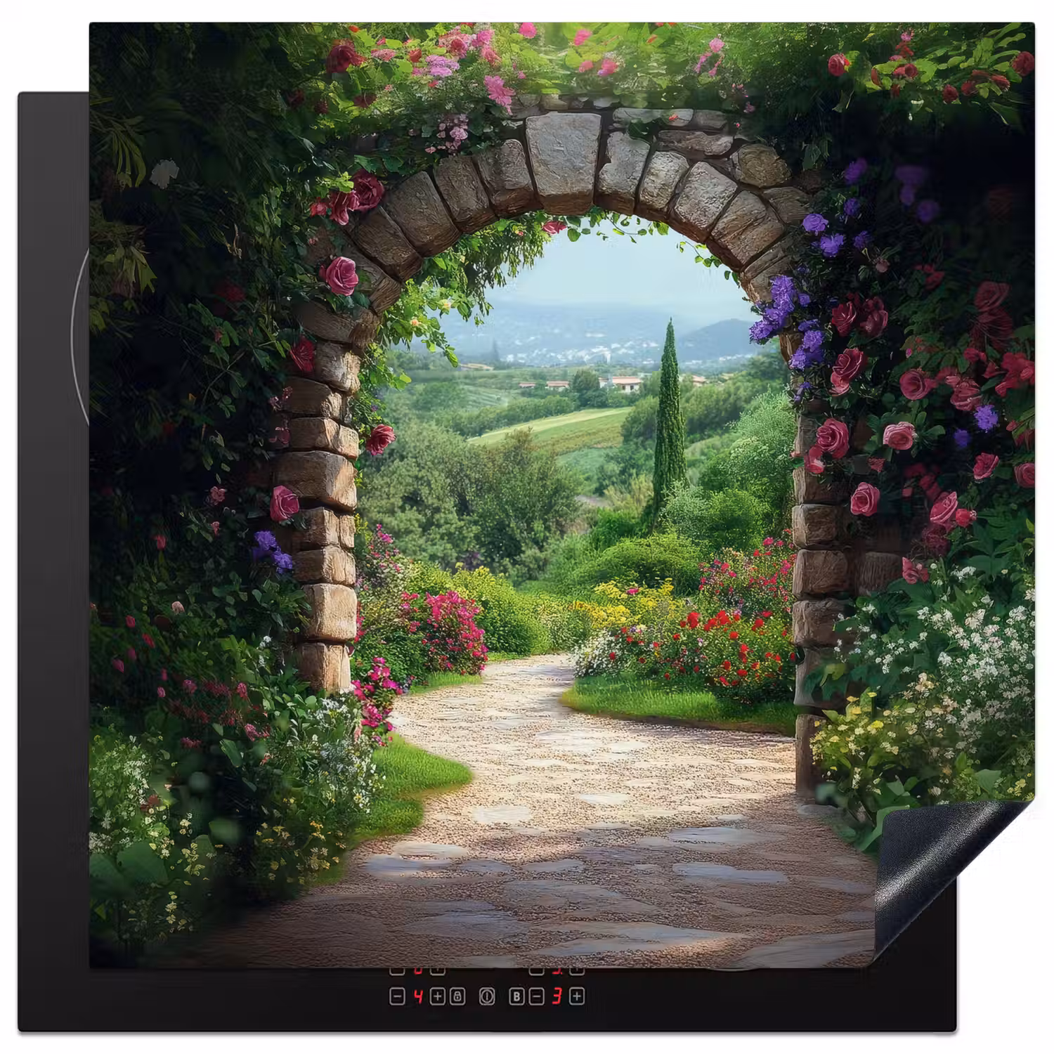 Doorkijk - Landschap - Bloemen - Pad - Uitzicht Inductie beschermer vinyl 3mm middel -3d