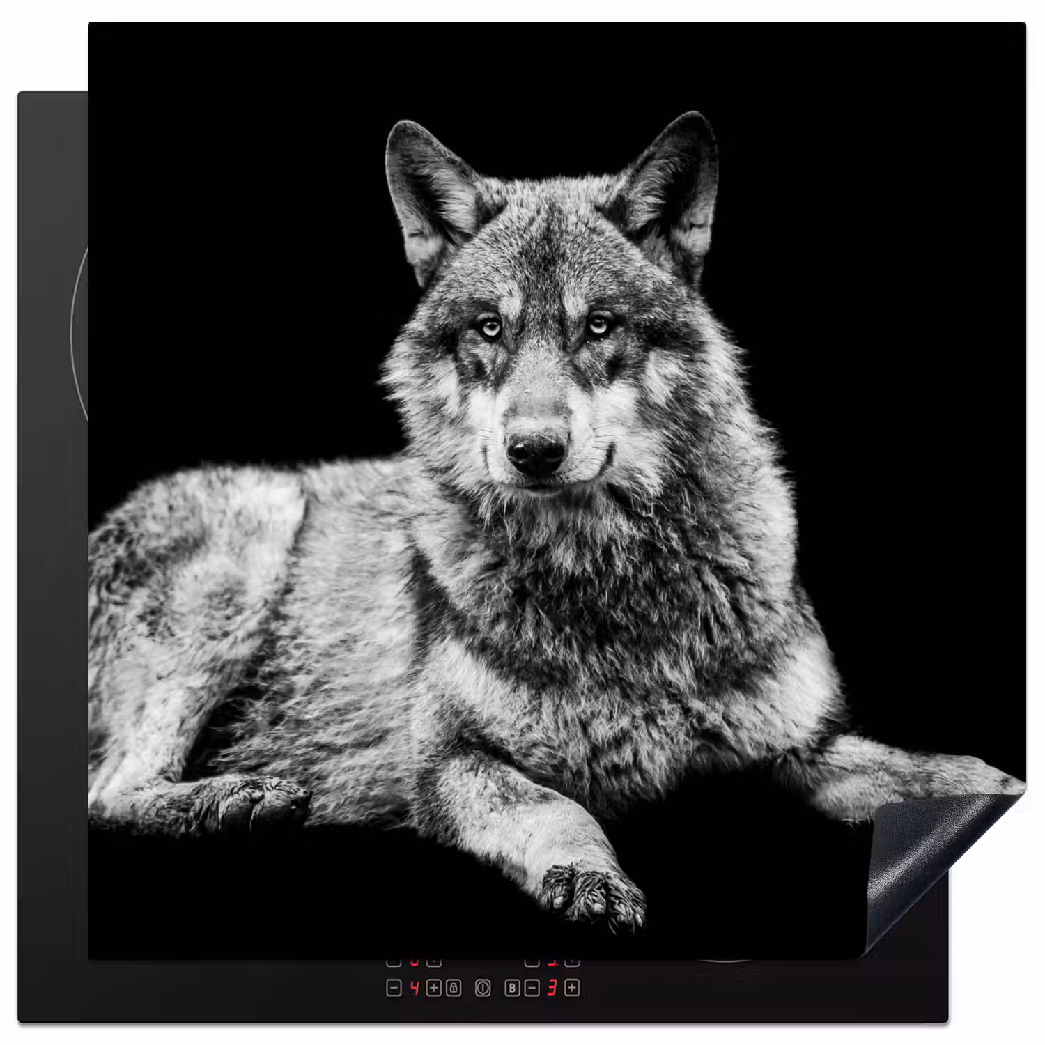Wilde dieren - Wolf - Zwart - Wit Inductie beschermer vinyl 3mm middel -3d