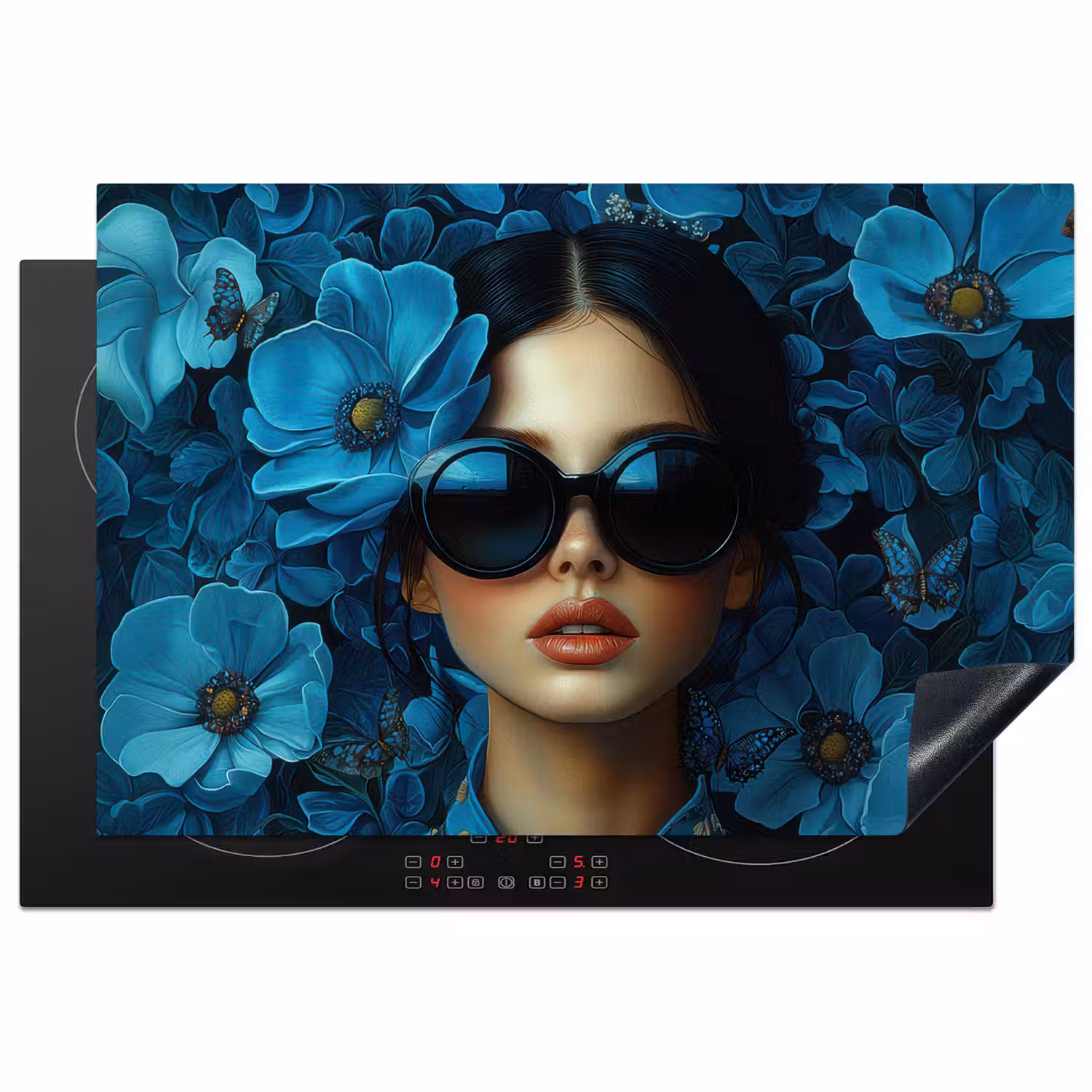 Vrouw - Bloemen - Blauw - Aesthetic - Luxe Inductie beschermer vinyl 3mm klein -3d