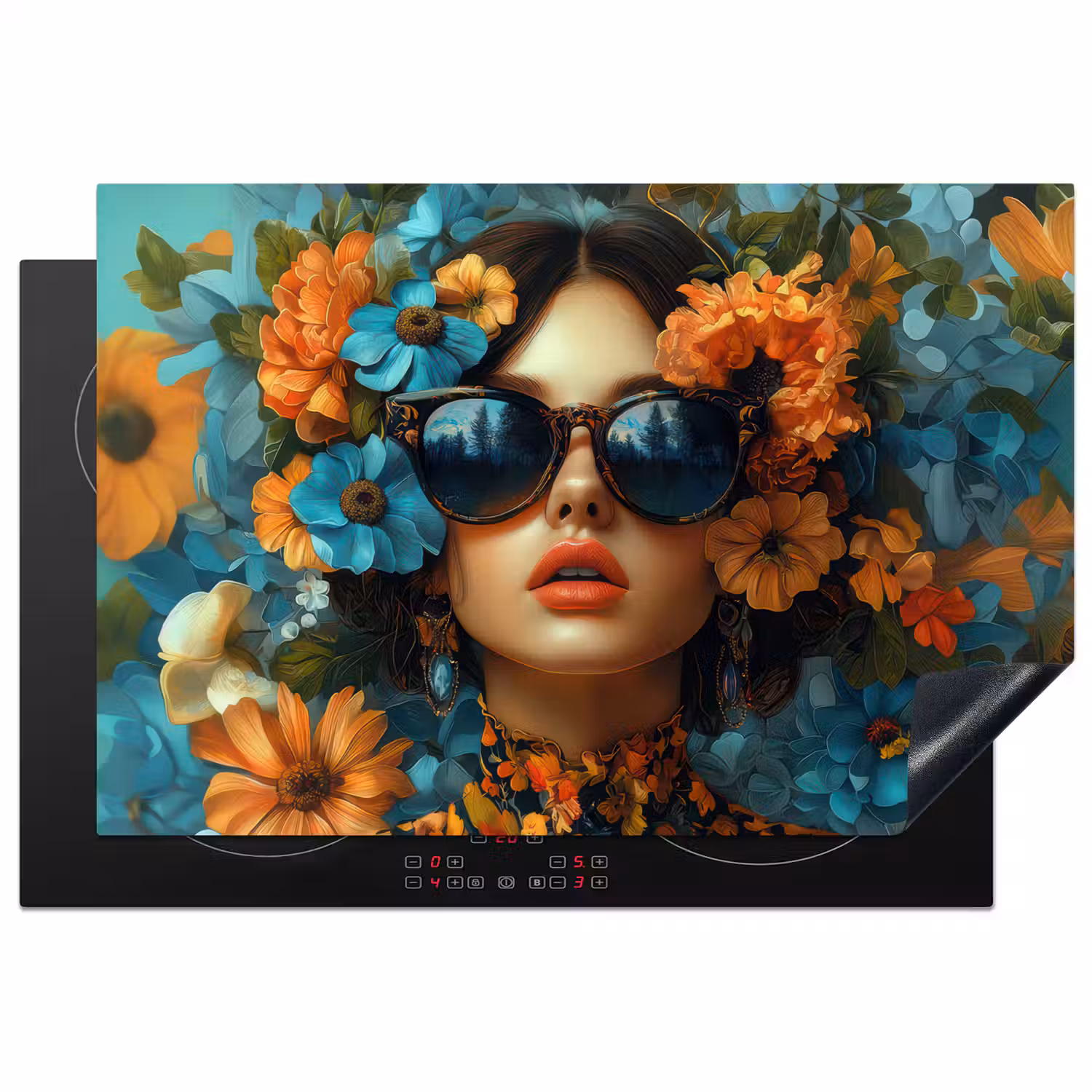 Vrouw - Bloemen - Oranje - Blauw - Modern Inductie beschermer vinyl 3mm klein -3d