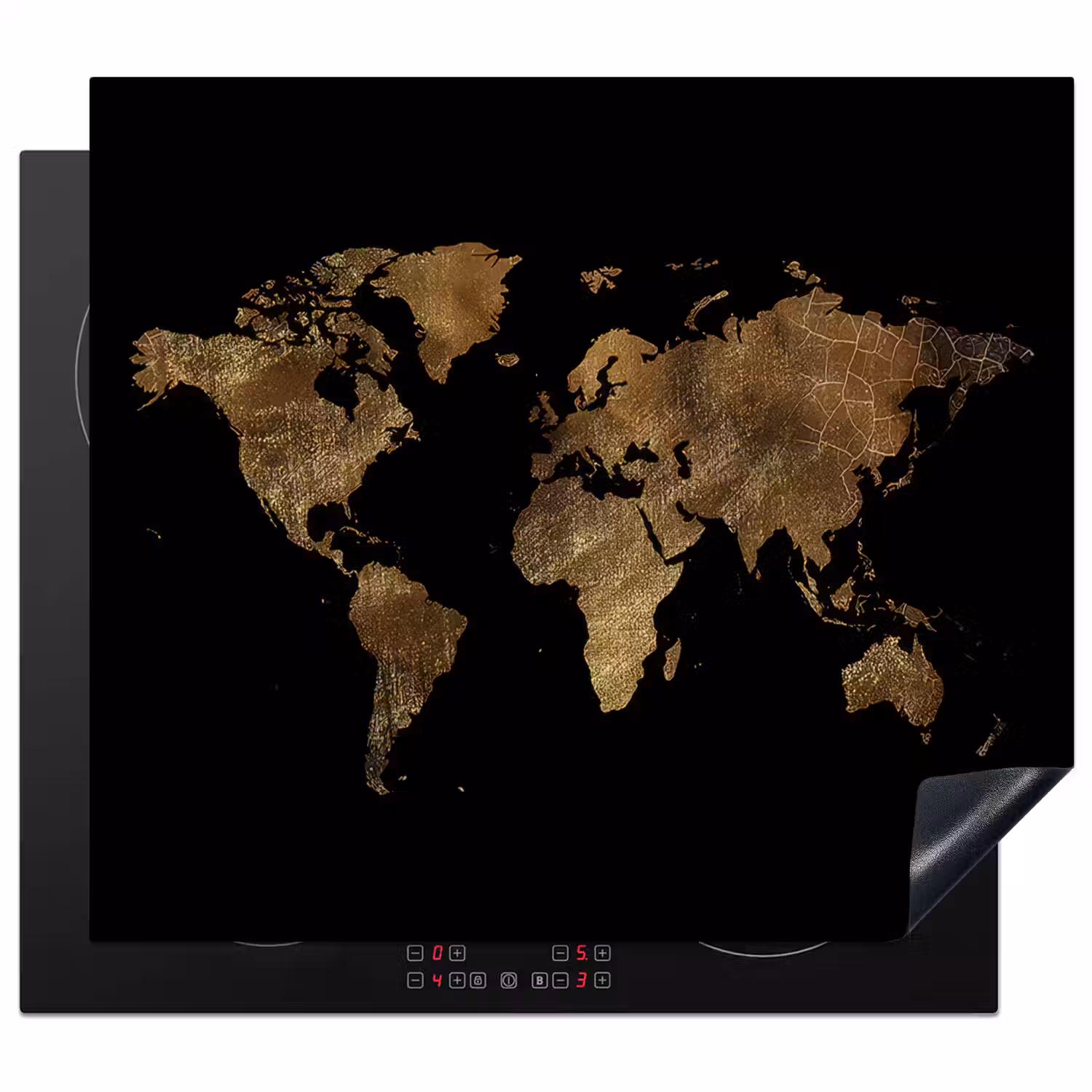 Wereldkaart - Goud - Luxe - Aarde - Zwart Inductie beschermer vinyl 3mm middel -3d