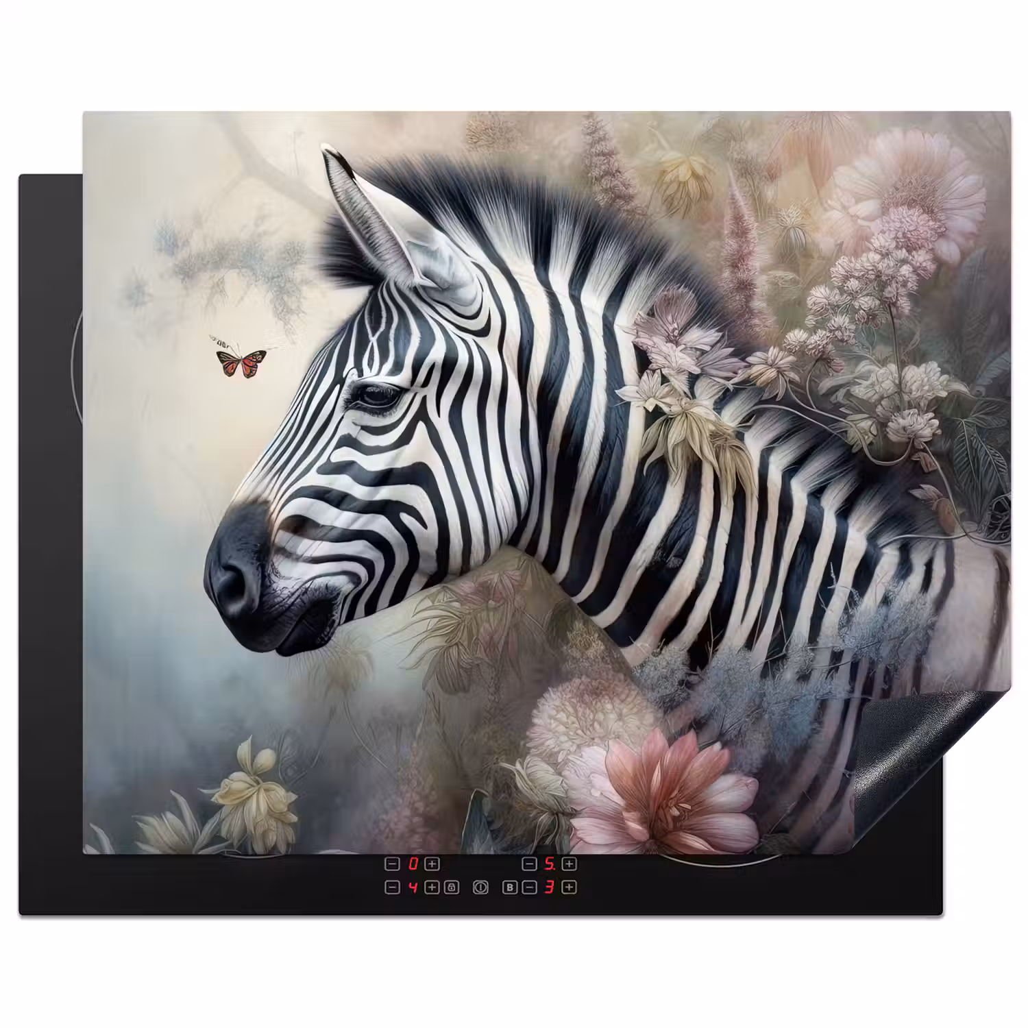 Zebra - Wilde dieren - Vlinder - Bloemen Inductie beschermer vinyl 3mm groot -3d