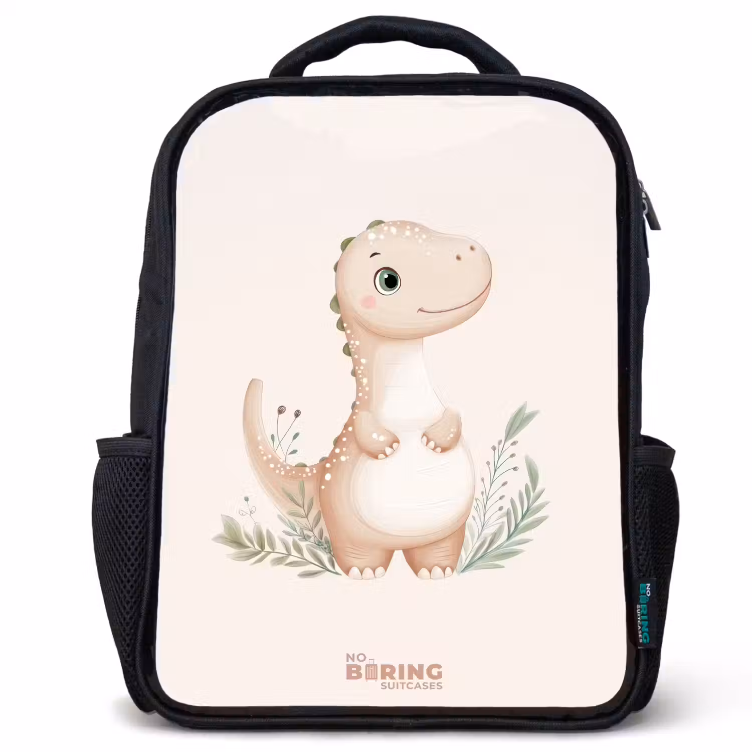 Beige dinosaurus met groene blaadjes Rugzak - Zwart middel -3d